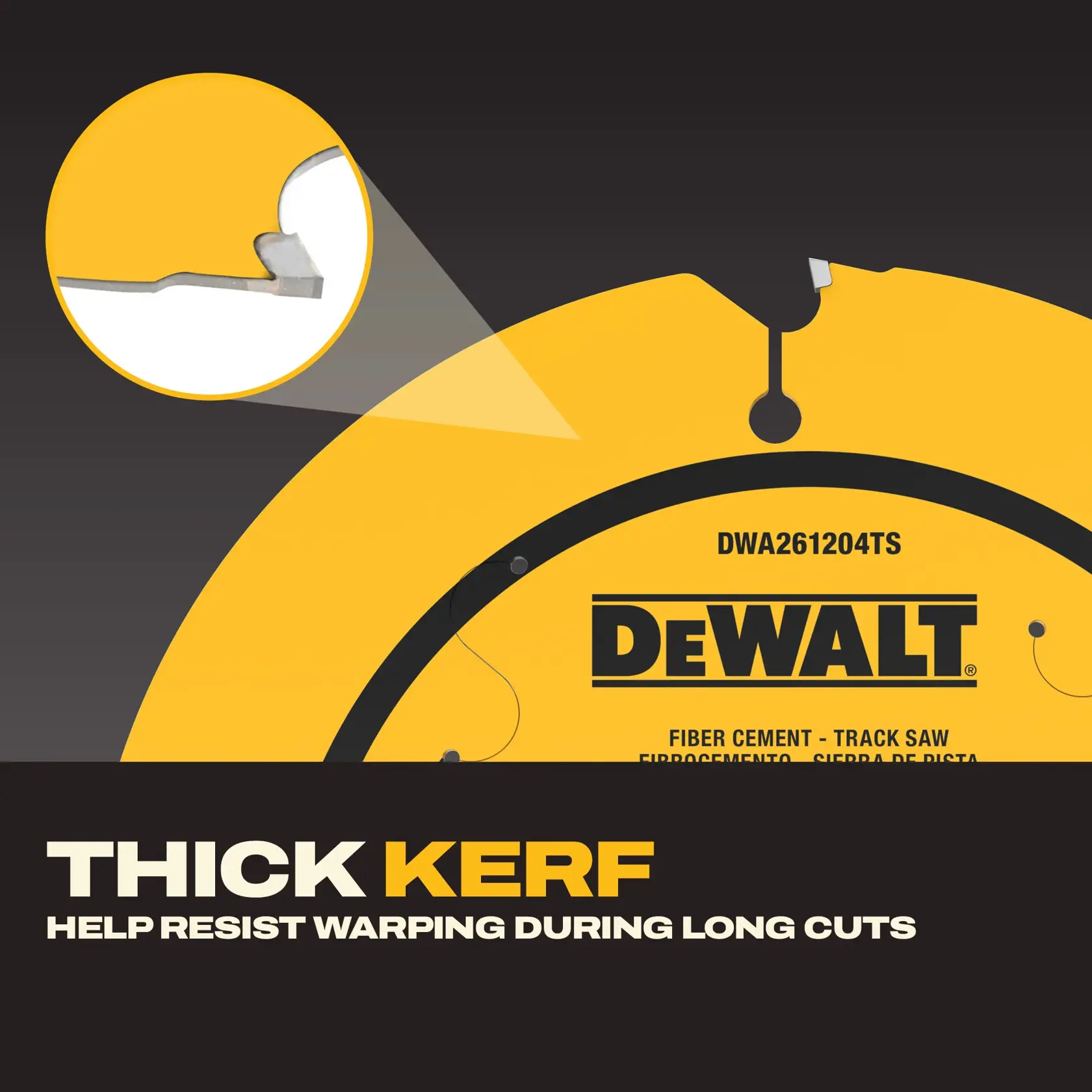 Close-up image of a DEWALT circular saw blade showing the thick kerf design. There is a magnified view of the blade edge in a yellow circle, and text reads 'THICK KERF - Help resist warping during long cuts.' The blade is labeled for fiber cement and track saw use.