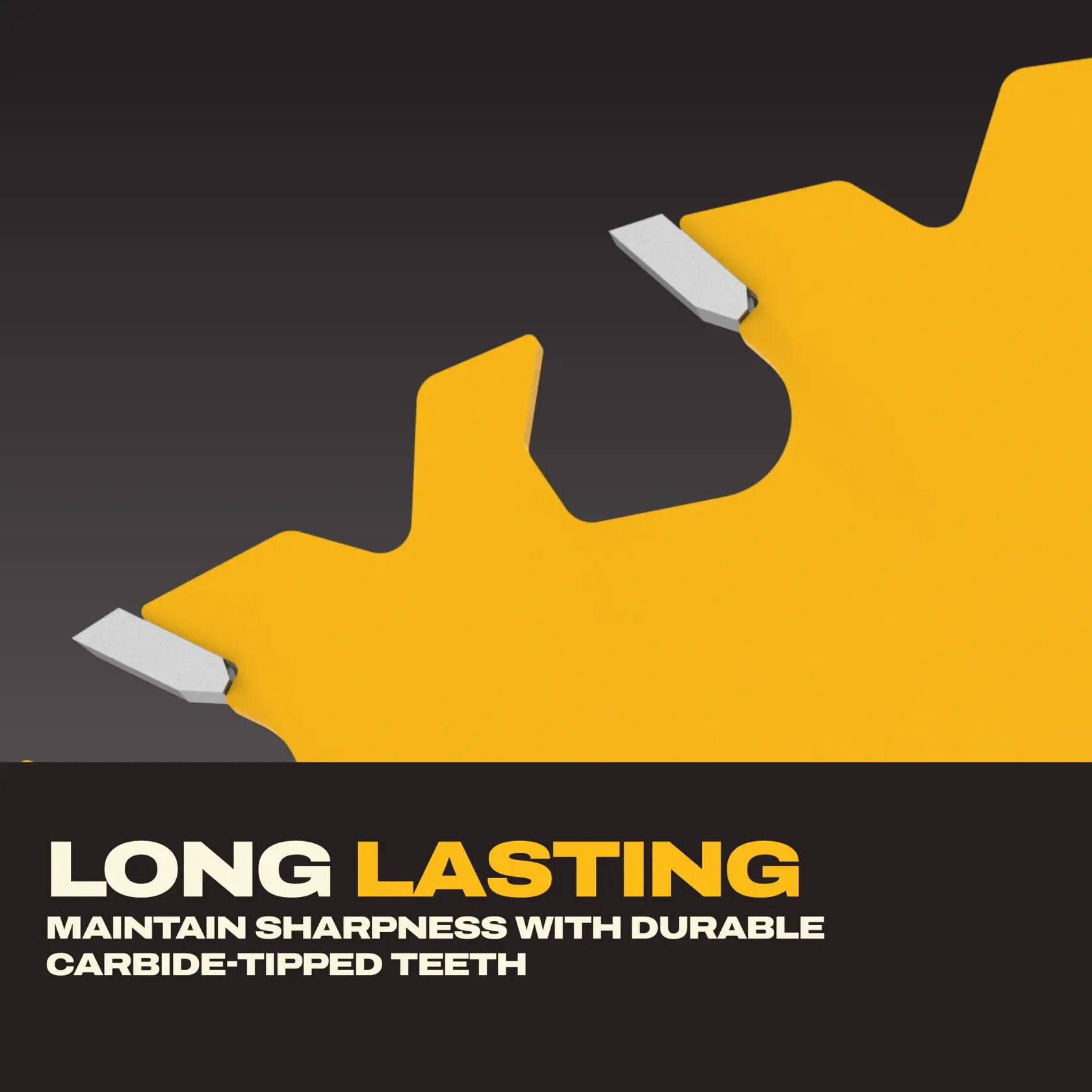Close-up image of the yellow DEWALT saw blade with carbide-tipped teeth. The text on the image reads: 'LONG LASTING. Maintain sharpness with durable carbide-tipped teeth.'