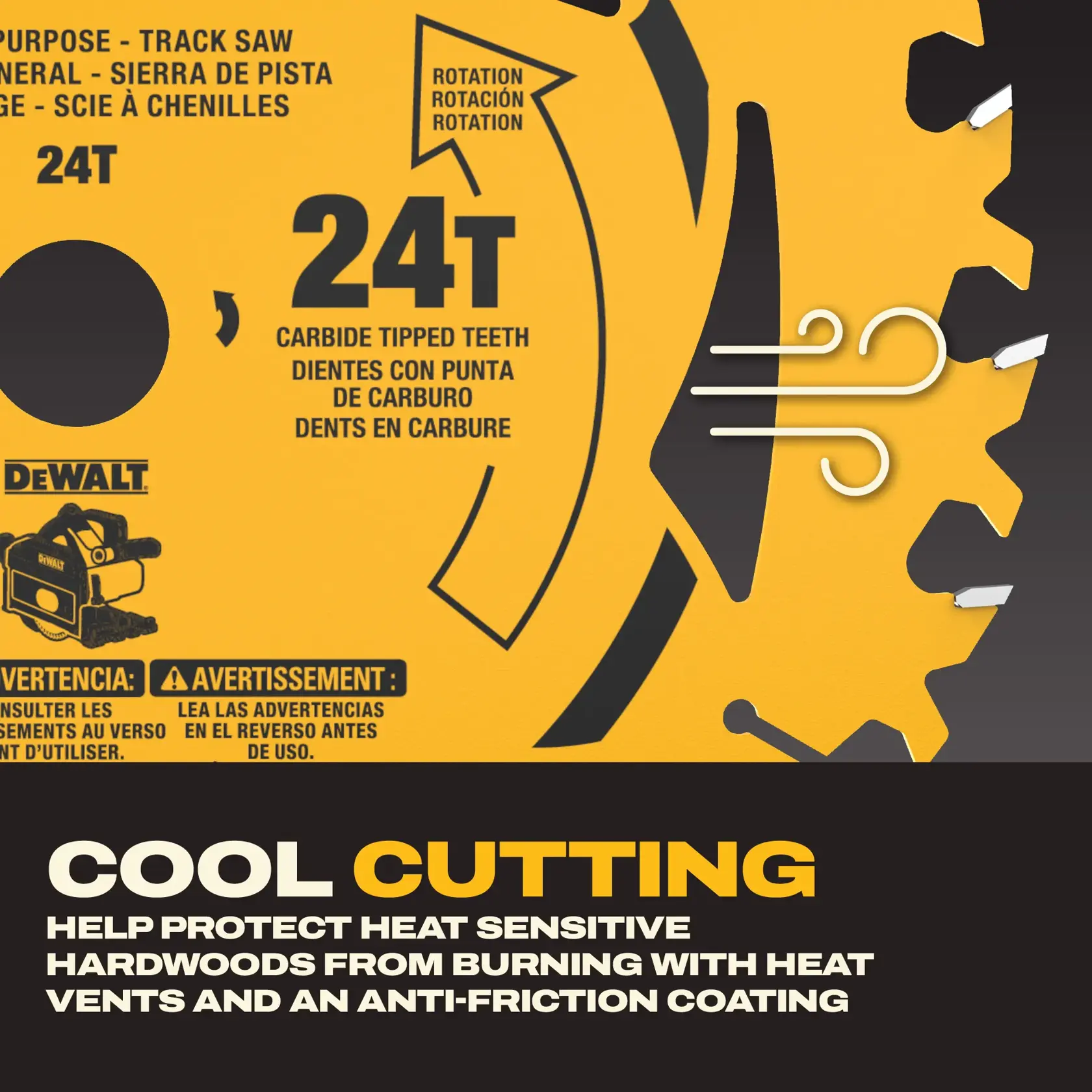 Close-up image of a DEWALT branded circular saw blade with 24 carbide-tipped teeth. The blade features heat vents and an anti-friction coating, highlighted by graphics and text that read 'Cool Cutting: Help protect heat sensitive hardwoods from burning with heat vents and an anti-friction coating.' The blade's rotation direction is marked, and warnings appear in multiple languages.