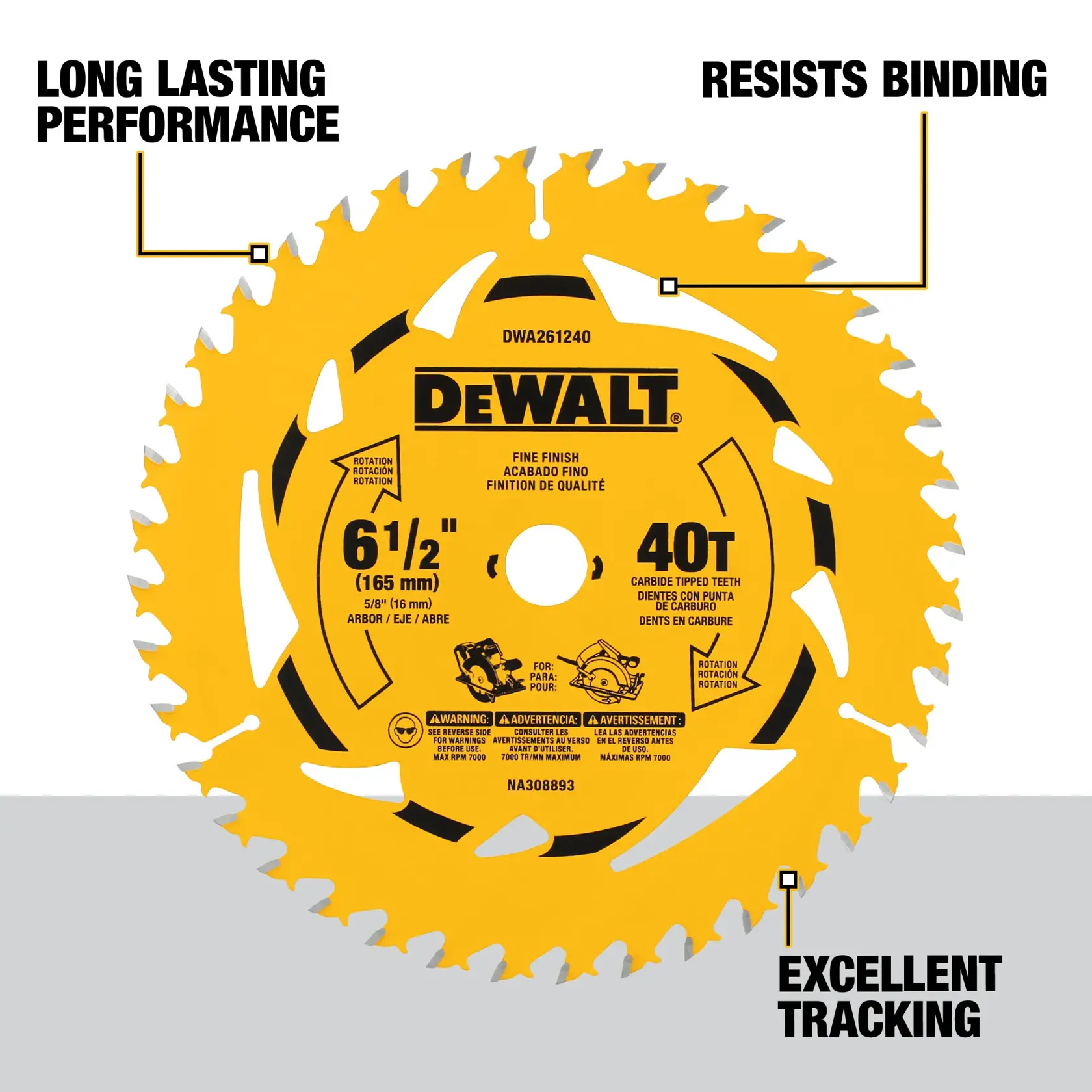 A circular saw blade by DEWALT, model DWA261240, featuring 40 carbide-tipped teeth and a diameter of 6-1/2 inches (165 mm). The blade is yellow and highlights features such as long lasting performance, resistance to binding, and excellent tracking.