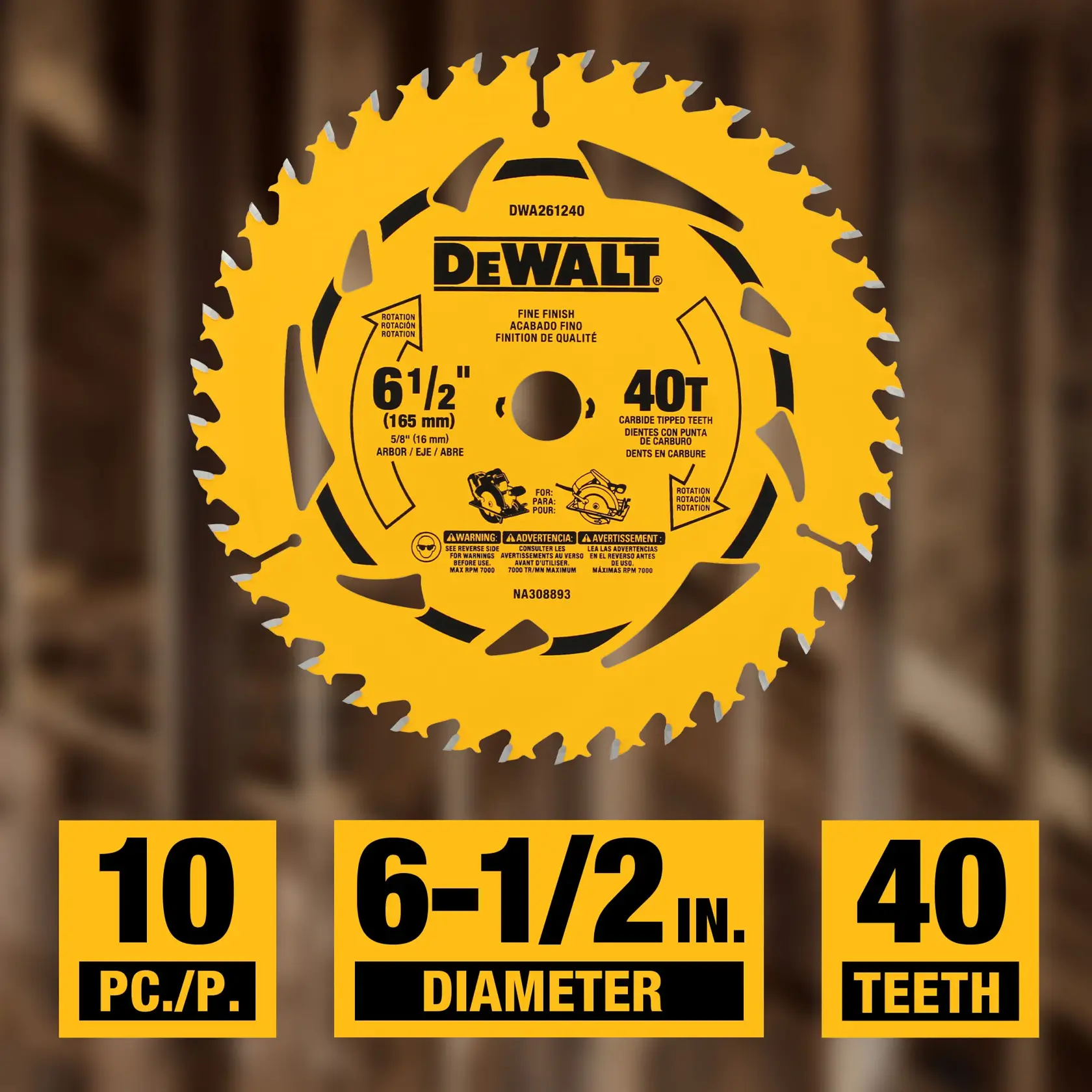 A DEWALT circular saw blade with 40 carbide-tipped teeth, 6-1/2 inch (165 mm) diameter, designed for fine finish cuts. The blade SKU is DWA261240B10. The image also displays product highlights: 10 pieces, 6-1/2 inch diameter, 40 teeth.
