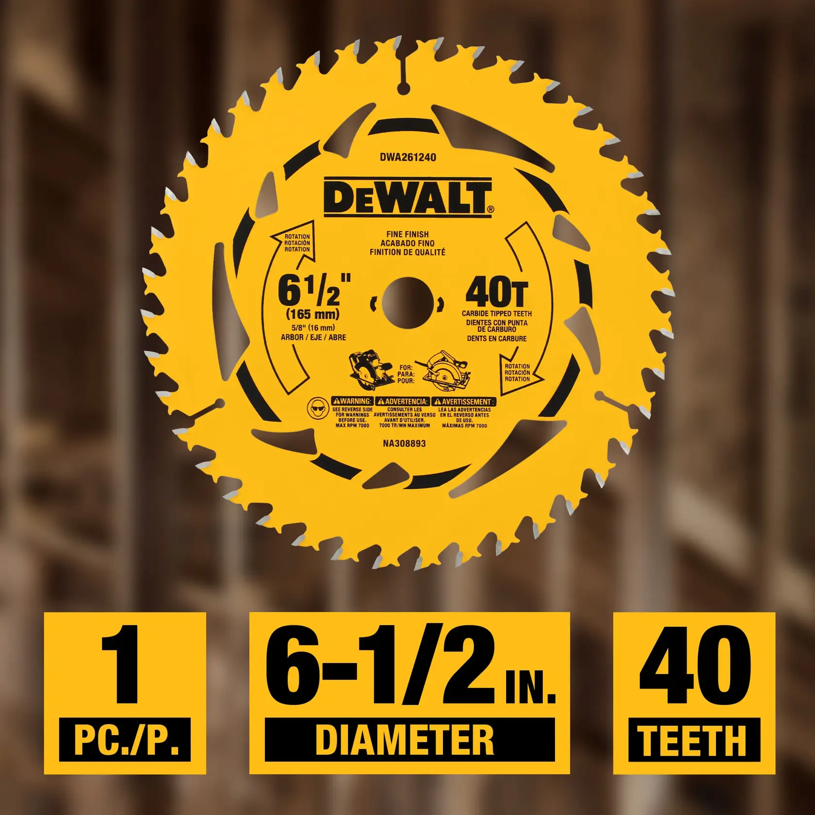 DEWALT circular saw blade, SKU DWA261240, with 6-1/2 inch (165 mm) diameter and 40 carbide-tipped teeth. Fine finish blade for wood cutting, shown with packaging highlights including one piece per pack.