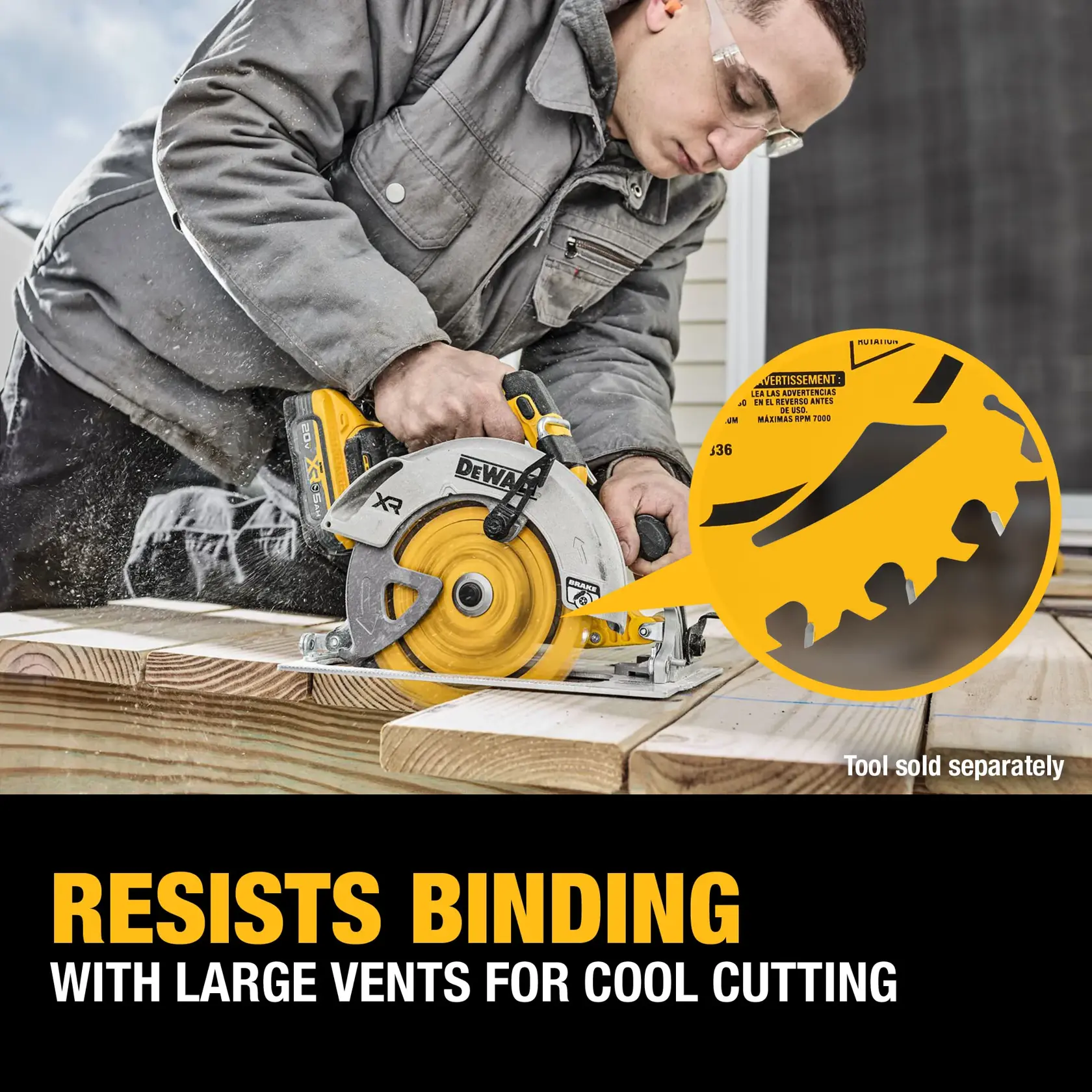 A person using a DEWALT circular saw to cut wood outdoors. There's a close-up inset showing the saw blade with large vents designed to keep it cool. The text on the image reads: 'Resists Binding With Large Vents for Cool Cutting.' It also notes that the tool is sold separately.