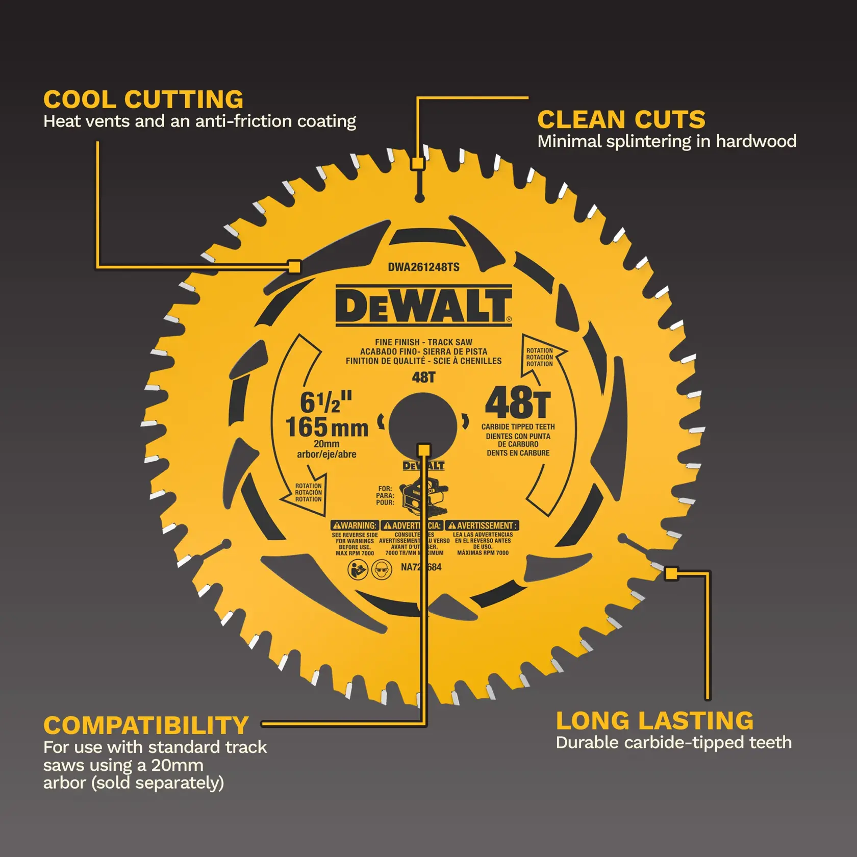 Image of a DEWALT circular saw blade with highlighted features. The blade is yellow with black text and graphics. Features shown include heat vents and anti-friction coating for cool cutting, minimal splintering in hardwood for clean cuts, compatibility with standard track saws using a 20mm arbor, and durable carbide-tipped teeth for long-lasting performance.