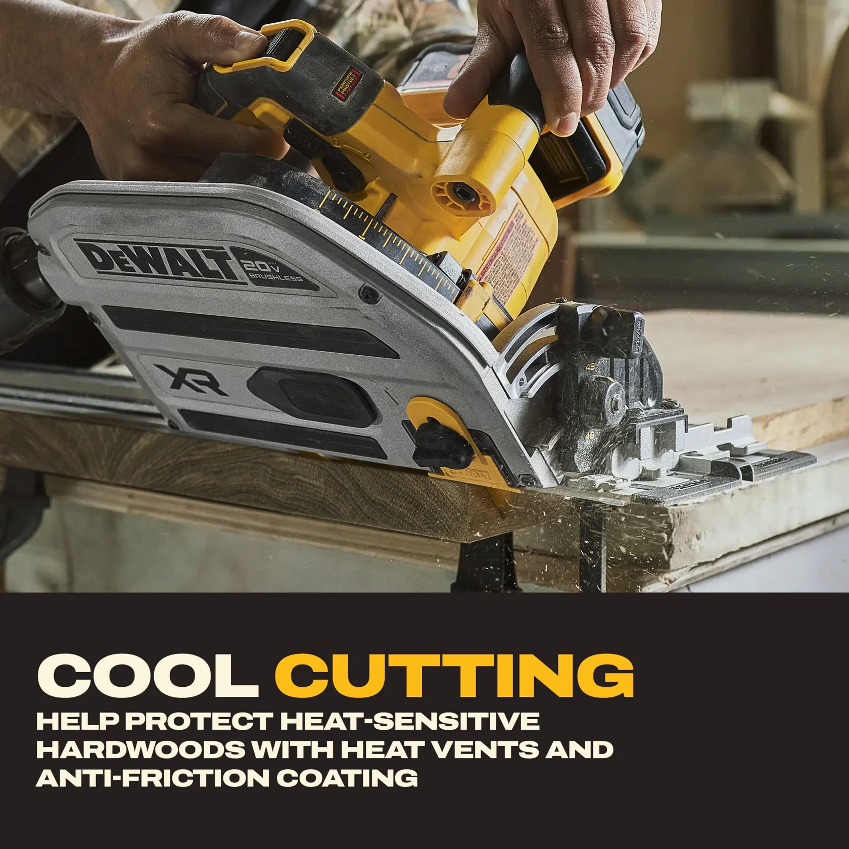 A person is using a DEWALT 20V cordless circular saw to cut a piece of hardwood, with visible wood shavings and dust. The saw features a heat vent and anti-friction coating, designed to protect heat-sensitive hardwoods. Text on the image reads: 'Cool Cutting. Help protect heat-sensitive hardwoods with heat vents and anti-friction coating.'