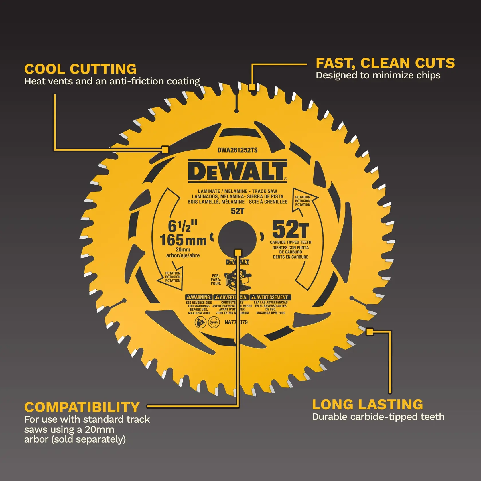 Image of a DEWALT 6-1/2 inch 52-tooth circular saw blade for laminate and melamine, with highlighted features including heat vents and anti-friction coating for cool cutting, design for fast and clean cuts to minimize chips, compatibility with standard track saws using a 20mm arbor, and durable carbide-tipped teeth for long-lasting performance.