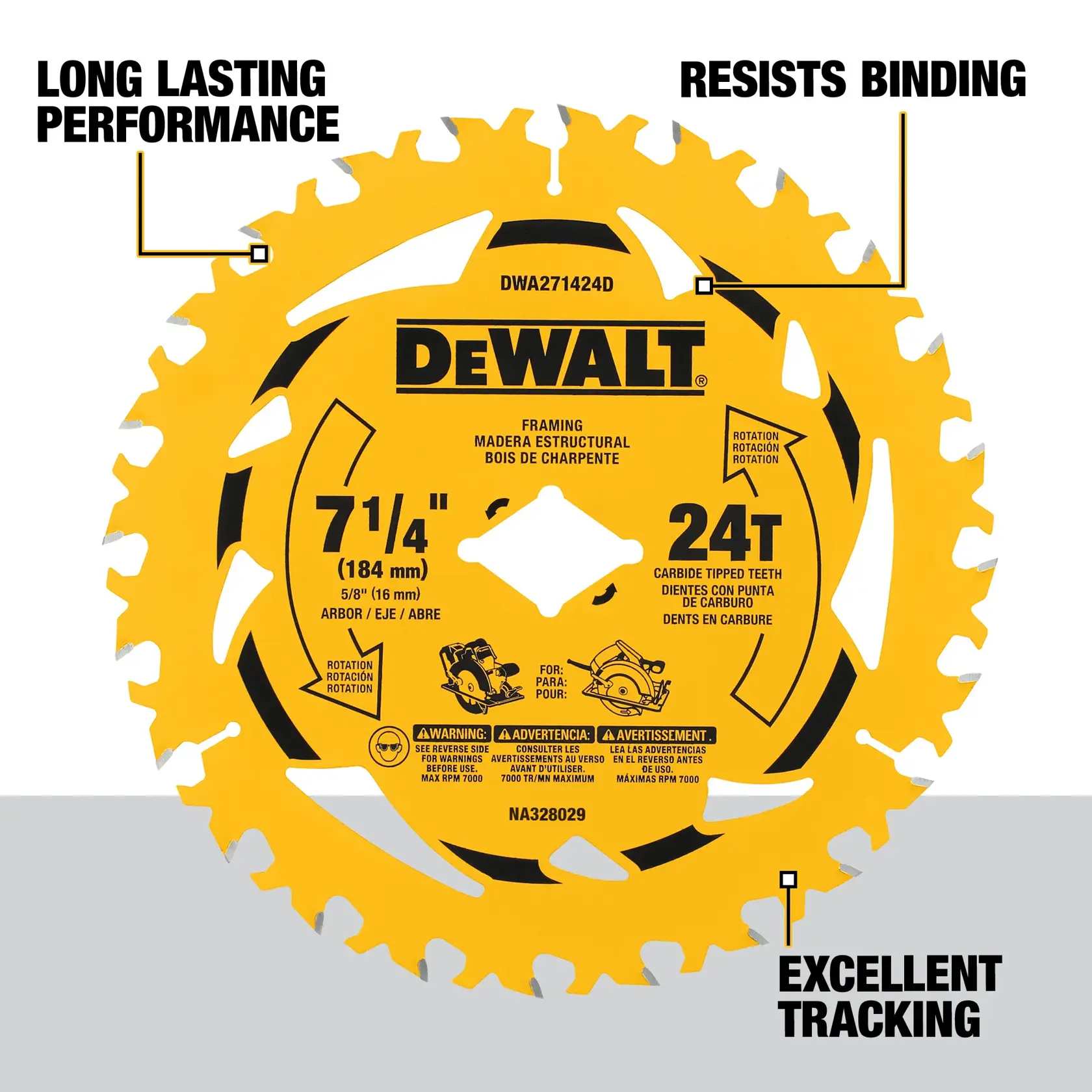 A yellow DEWALT 7 1/4 inch (184 mm) circular saw blade with 24 carbide tipped teeth is displayed. The blade is labeled with its brand, specifications, and features, including long lasting performance, resists binding, and excellent tracking.