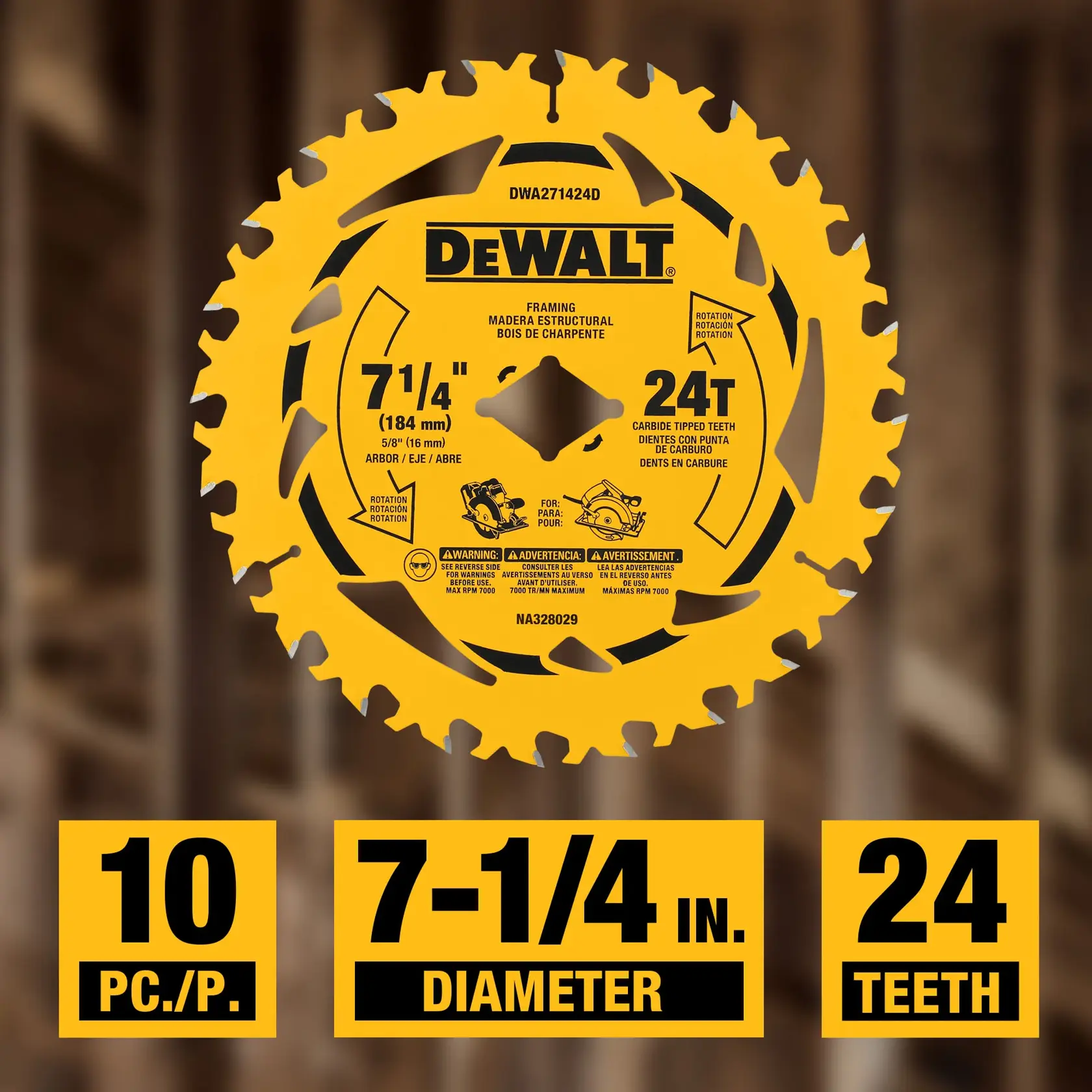 DEWALT framing circular saw blade, 7-1/4 inch diameter with 24 carbide-tipped teeth, shown against a blurred wood background. Additional graphics indicate the pack contains 10 pieces, 7-1/4 inch diameter, and 24 teeth.