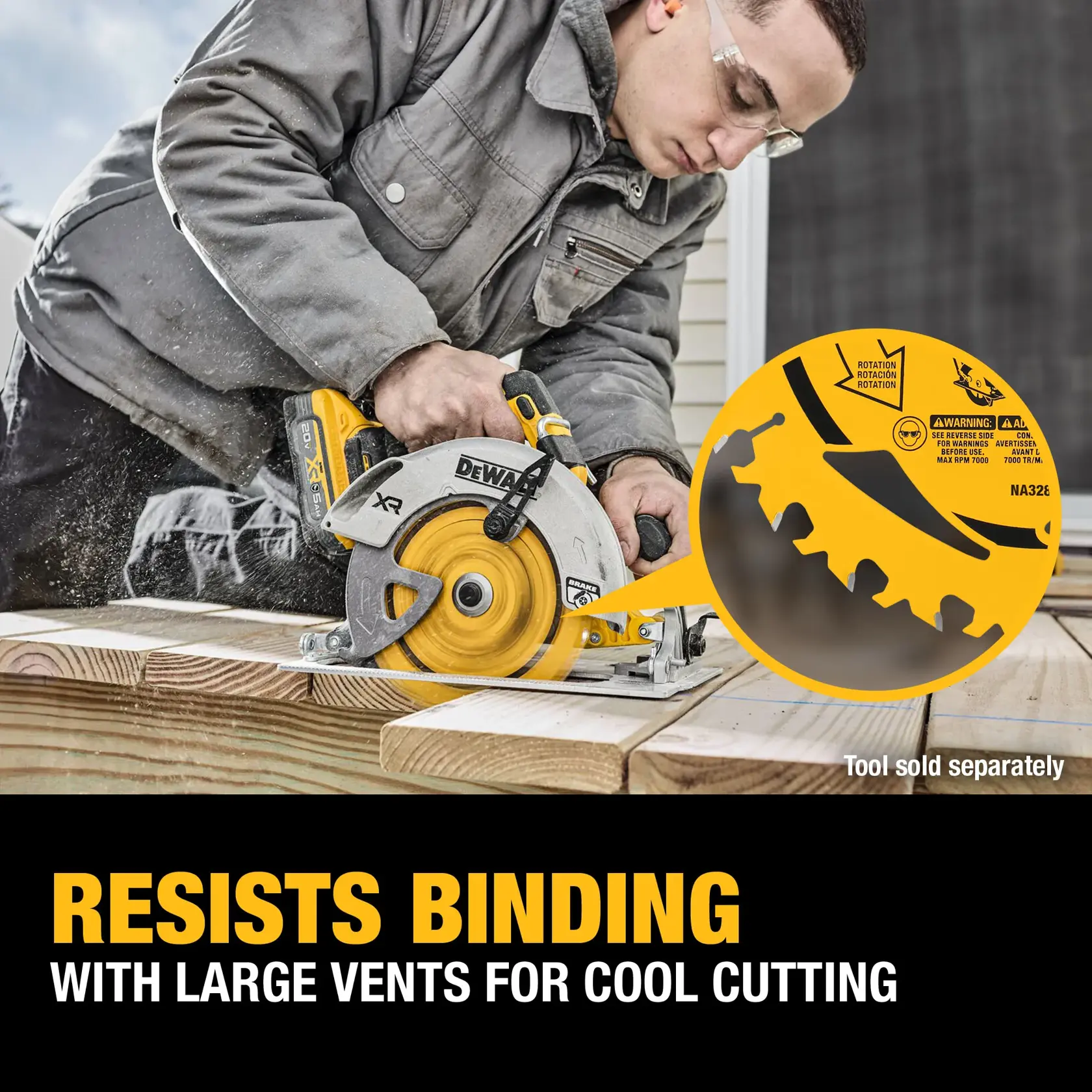 A person using a DEWALT circular saw to cut wood, with a close-up inset image highlighting the blade's large vents. Text on the image reads: 'Resists binding with large vents for cool cutting.' Tool sold separately. The person's face is blurred.