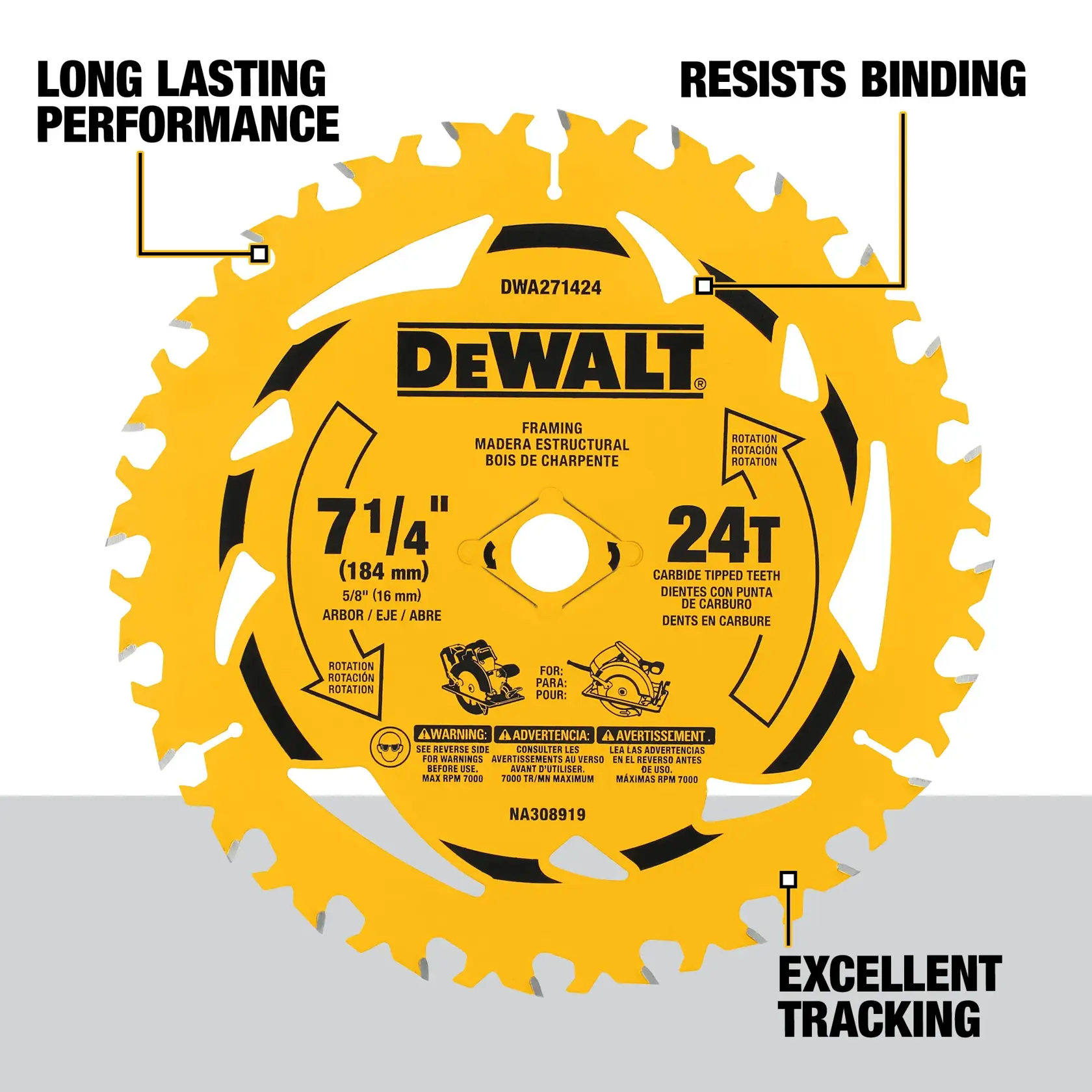 A DEWALT 7-1/4 inch (184 mm) 24T carbide tipped framing saw blade. The yellow circular blade features black text and branding in the center. Key product benefits are highlighted, including 'Long Lasting Performance', 'Resists Binding', and 'Excellent Tracking'.