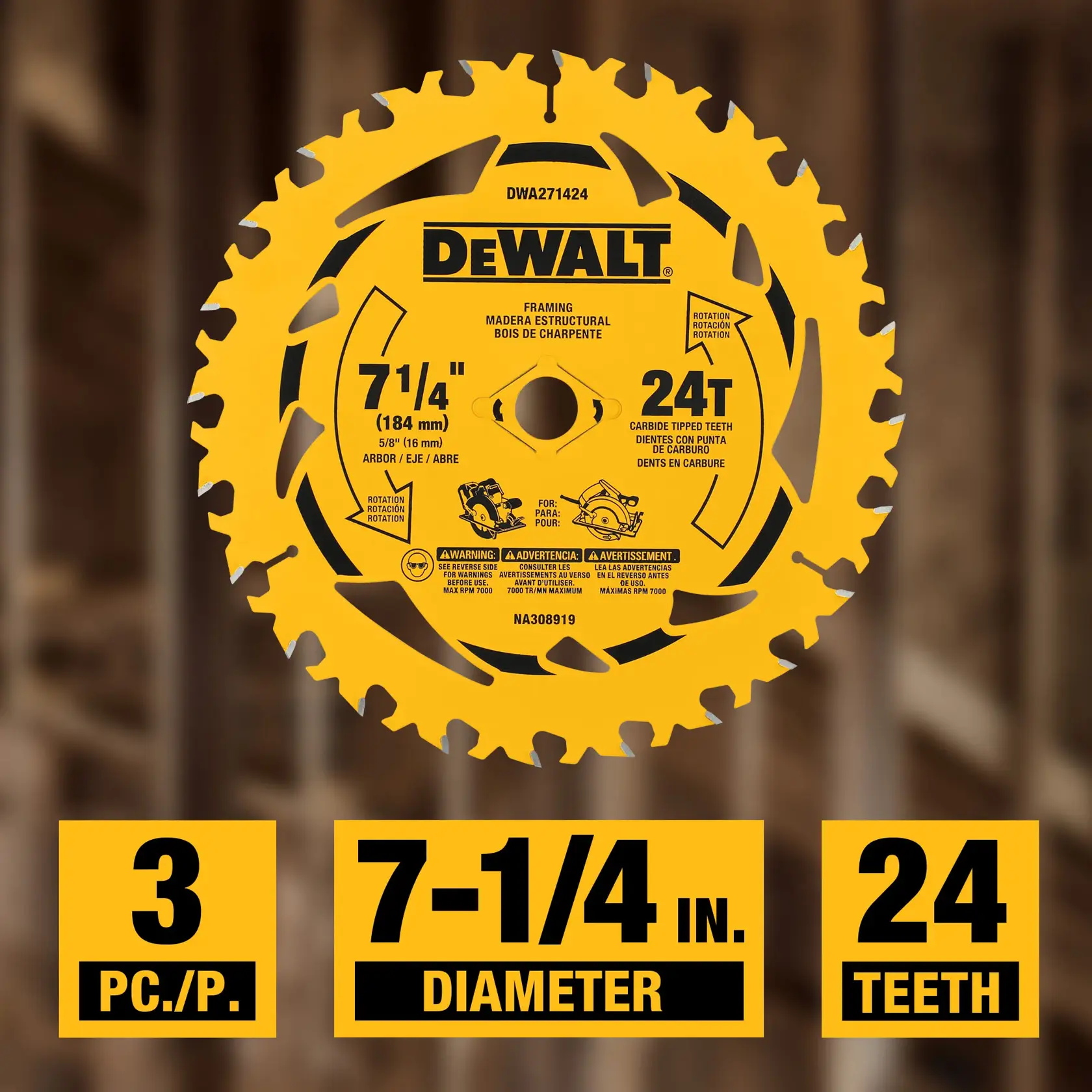 DEWALT framing saw blade with yellow design, featuring 7-1/4 inch (184 mm) diameter, 24 carbide tipped teeth, and a 5/8 inch arbor. The product packaging highlights that this set includes 3 pieces, 7-1/4 inch diameter, and 24 teeth. Safety icons and warnings are also visible.