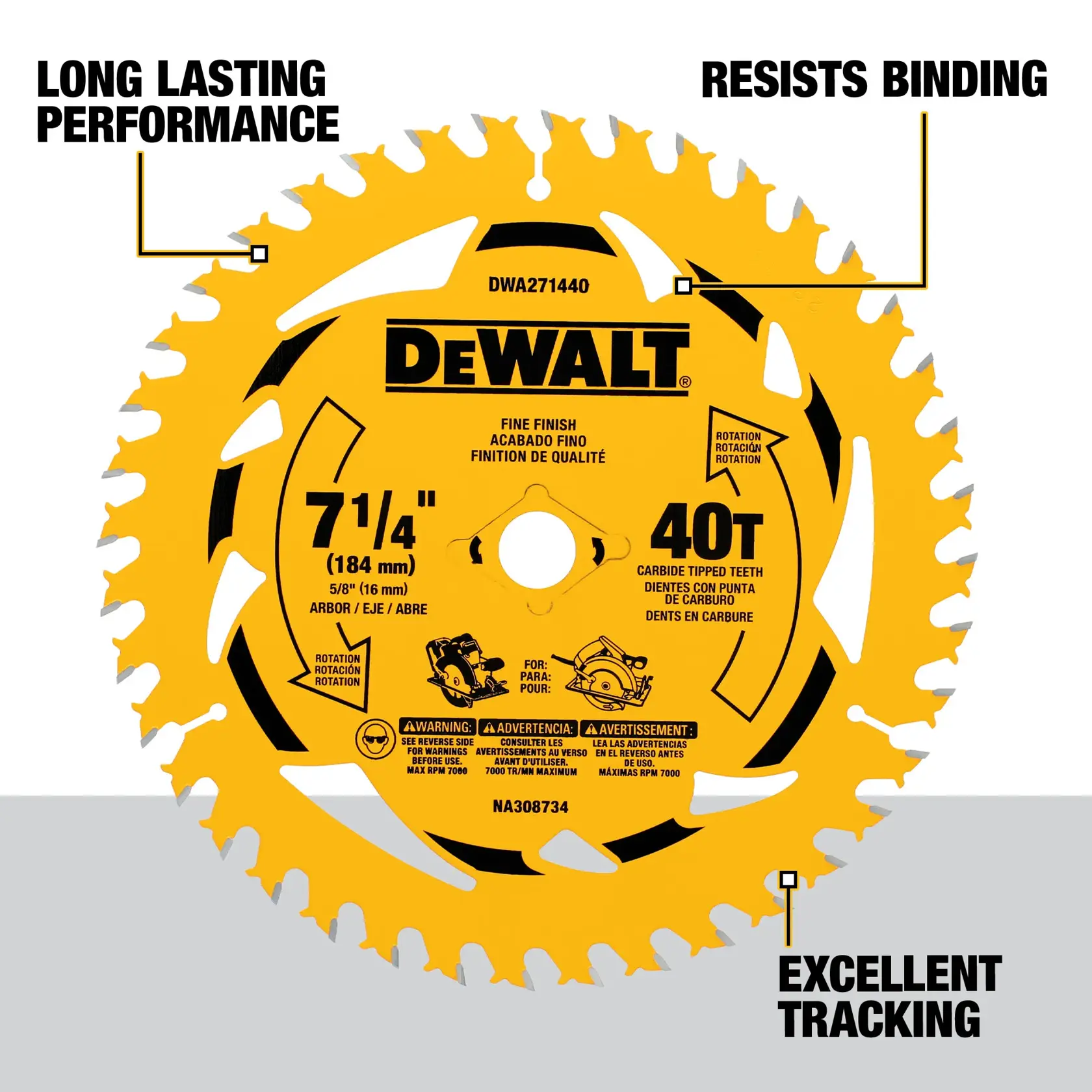 A yellow DEWALT 7-1/4 inch (184 mm) circular saw blade with 40 carbide tipped teeth shown with product highlights: long lasting performance, resists binding, and excellent tracking. The blade features information in English, Spanish, and French, and is labeled for fine finish cutting.