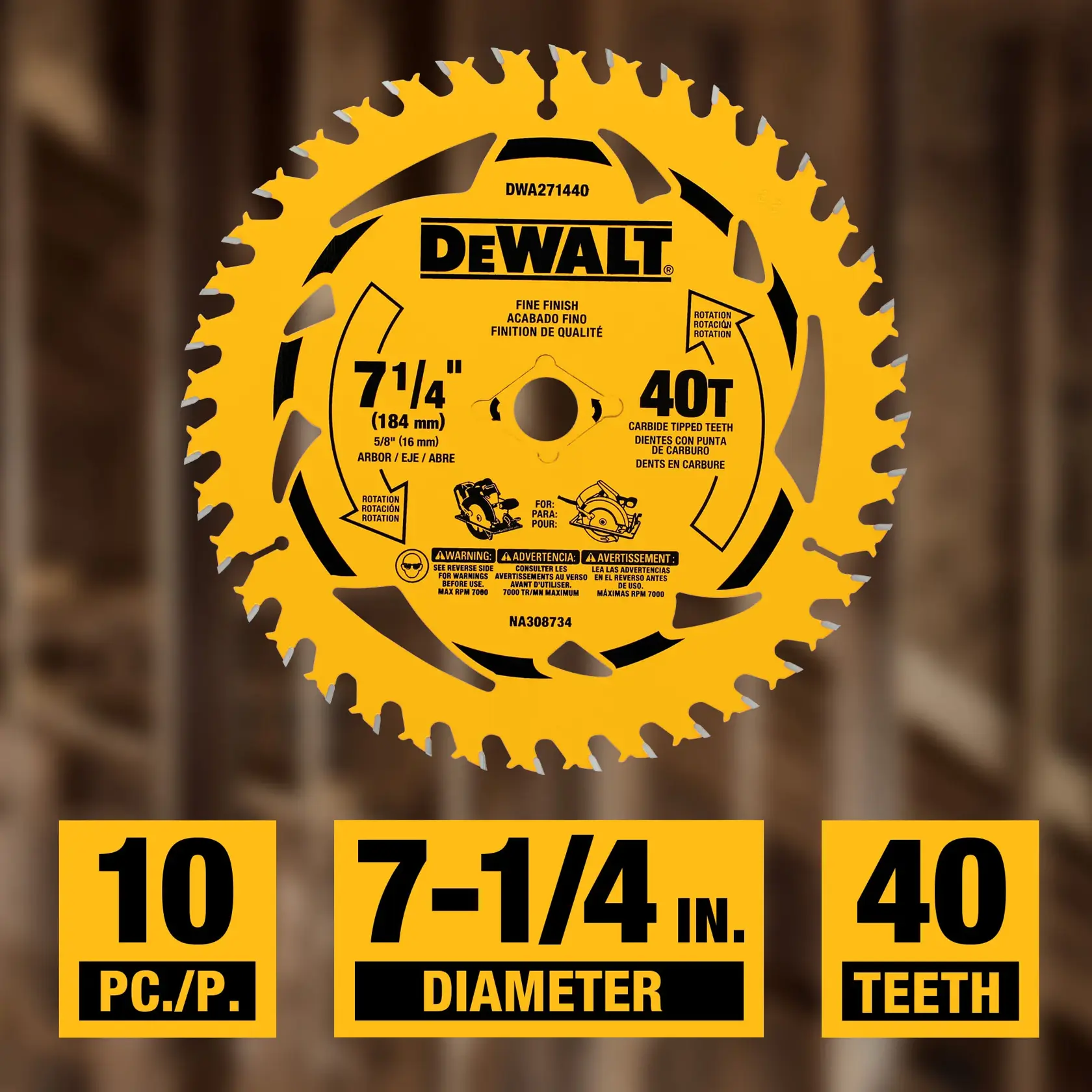 DEWALT circular saw blade with 7-1/4 inch diameter and 40 carbide-tipped teeth, labeled as fine finish. The image highlights key features: 10 pieces per pack, 7-1/4 inch diameter, and 40 teeth.