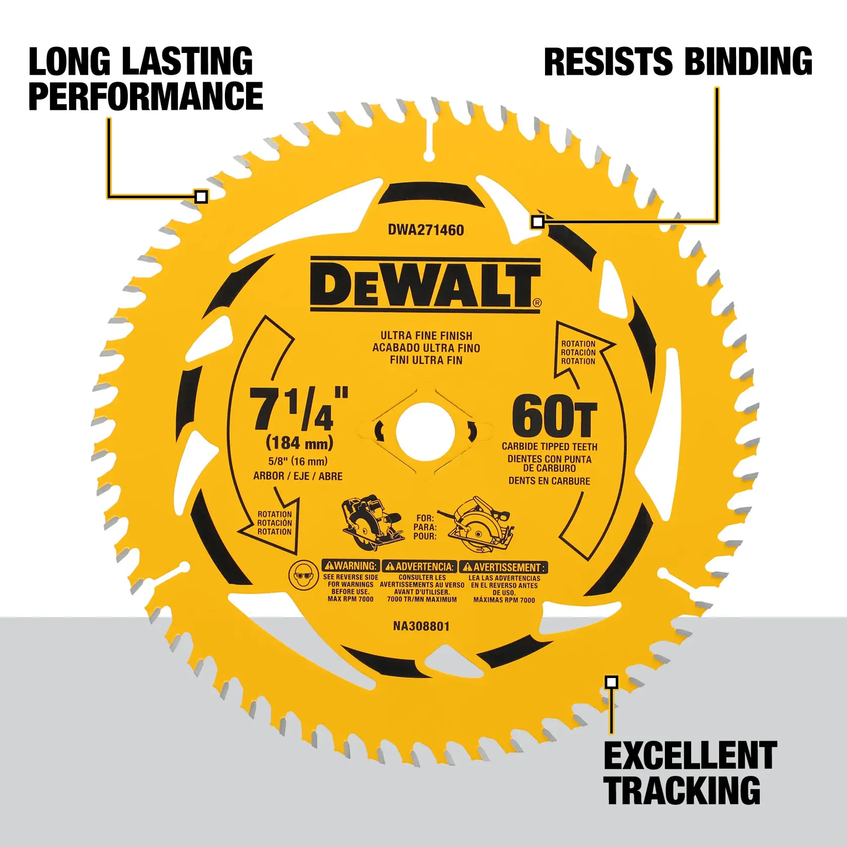 A yellow DEWALT circular saw blade, model DWA271460, with 60 carbide tipped teeth, 7-1/4 inch (184 mm) diameter, and ultra fine finish. The blade features text labels highlighting 'Long Lasting Performance,' 'Resists Binding,' and 'Excellent Tracking.'