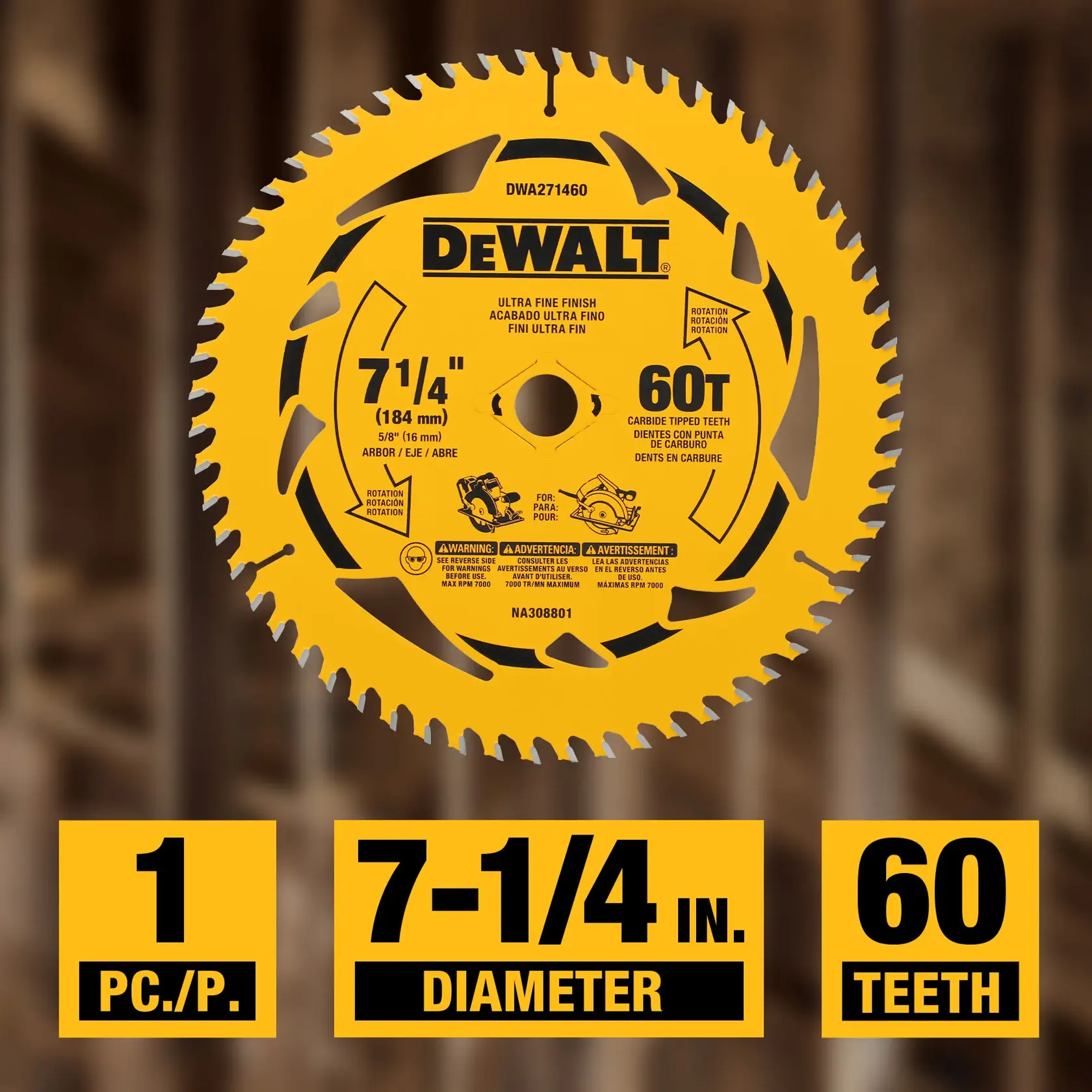 DEWALT circular saw blade, model DWA271460, featuring 7-1/4 inch (184 mm) diameter, 60 carbide-tipped teeth, and ultra fine finish. The packaging displays specifications including 1 piece, 7-1/4 inch diameter, and 60 teeth.