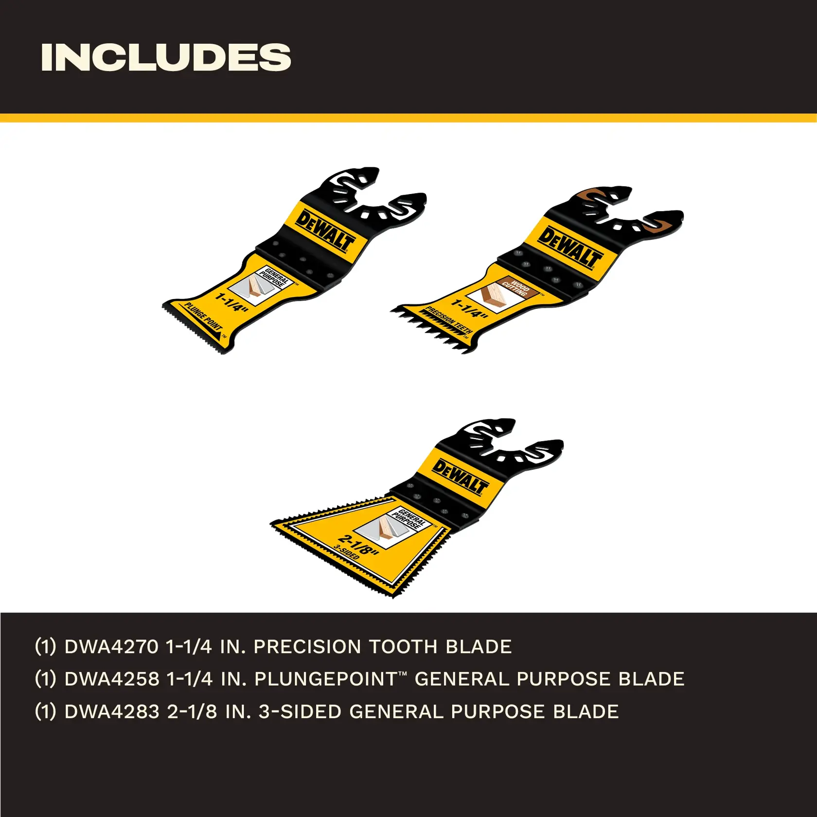 An image showing three DeWALT branded oscillating tool blades. The top section lists 'INCLUDES' and the bottom section lists the contents: one DWA4270 1-1/4 inch precision tooth blade, one DWA4258 1-1/4 inch PlungePoint general purpose blade, and one DWA4283 2-1/8 inch 3-sided general purpose blade.