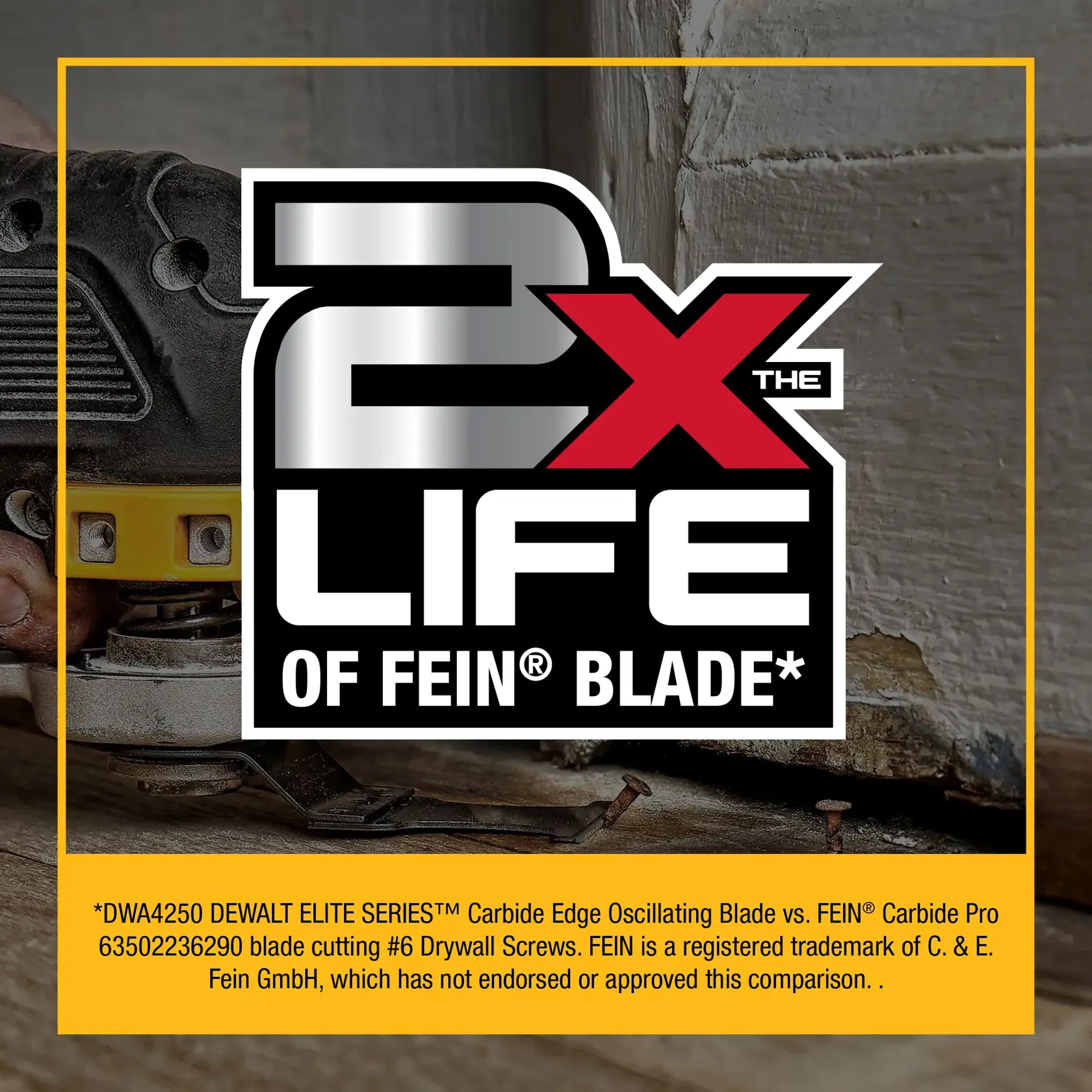 A close-up image of a DEWALT oscillating tool cutting into drywall, with a prominent graphic overlay that reads '2X THE LIFE OF FEIN® BLADE*'. The bottom of the image contains a footnote comparing blade life between DEWALT Elite Series Carbide Edge Oscillating Blade and FEIN® Carbide Pro blade, with trademark information and disclaimer.