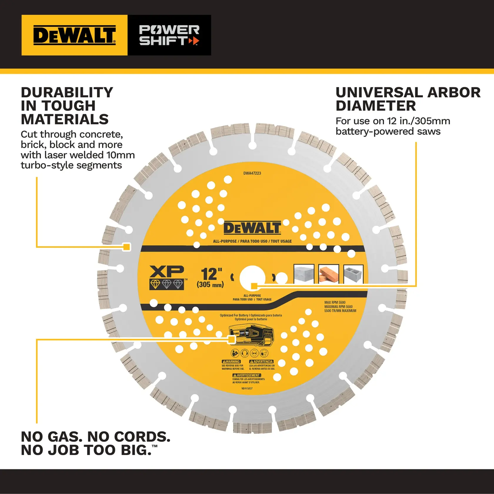 DEWALT 12 inch XP saw blade for concrete, brick, and block. Durable, fits 305mm battery-powered saws.