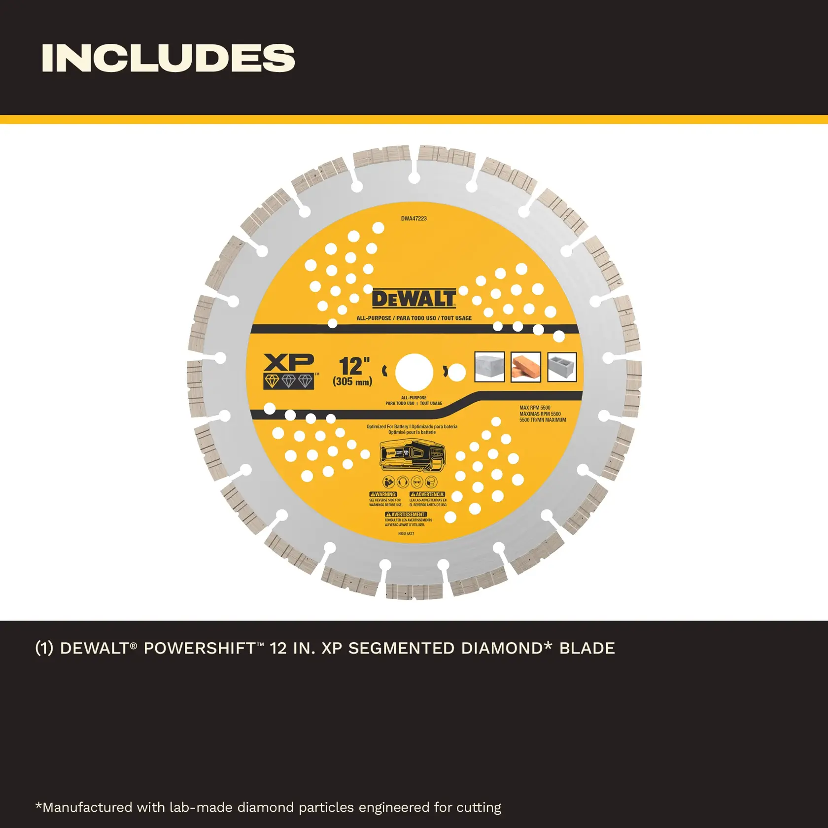 DEWALT Powershift 12-inch XP segmented diamond blade for cutting, all-purpose use, yellow and silver color.