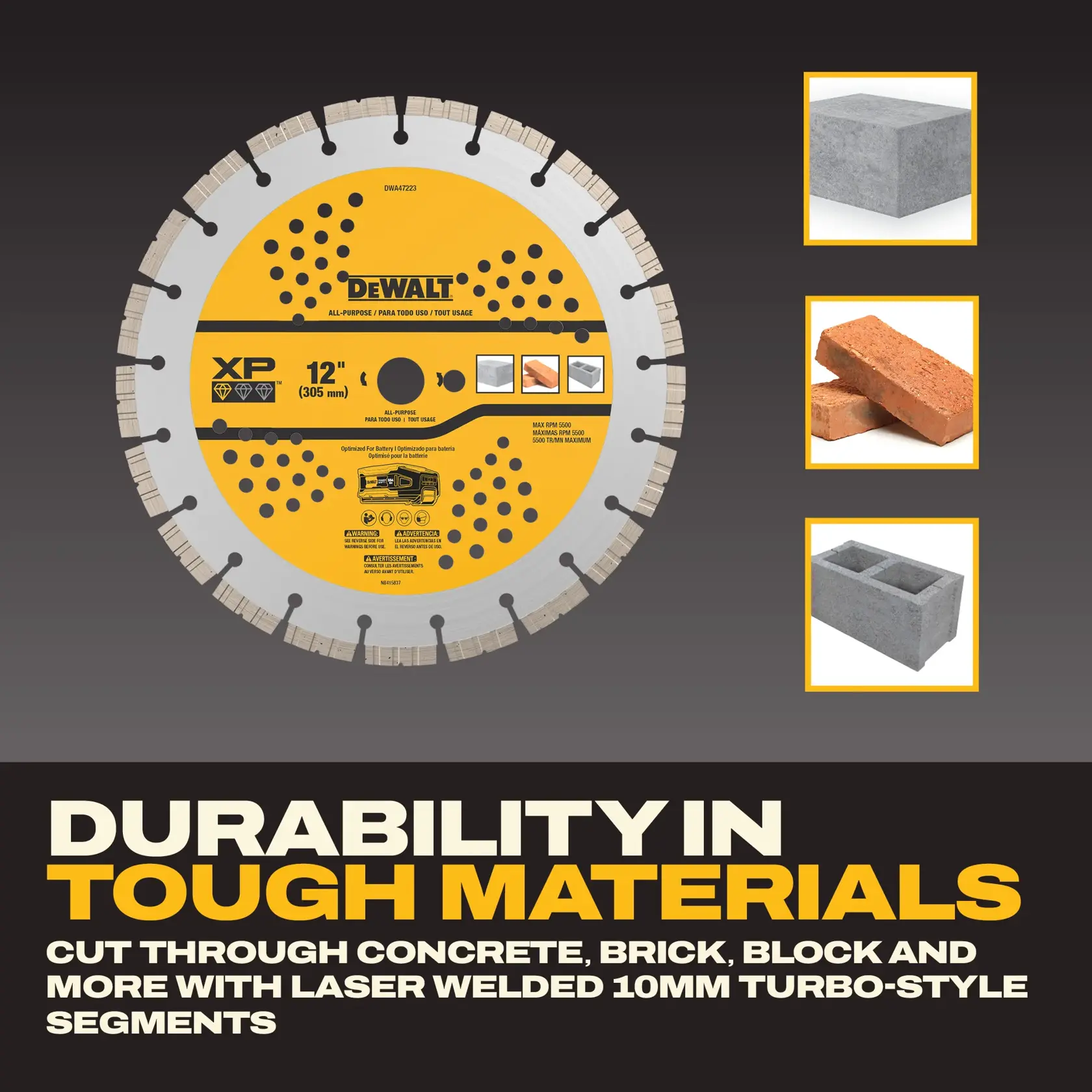 DEWALT 12 inch saw blade for cutting concrete, brick, block, with durable laser welded segments.
