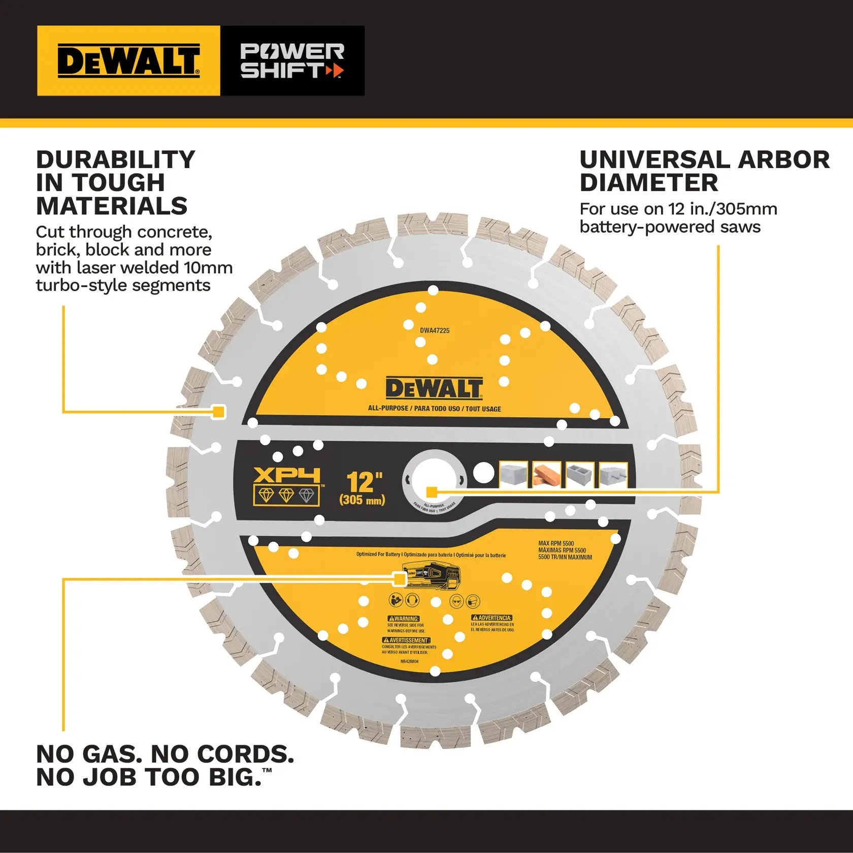 DEWALT 12-inch cutting blade with turbo-style segments for tough materials, fits 305mm battery-powered saws.