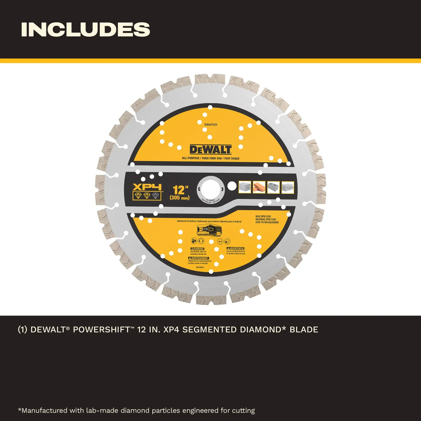 DEWALT 12-inch XP4 segmented diamond blade for cutting, all-purpose with yellow and silver design.