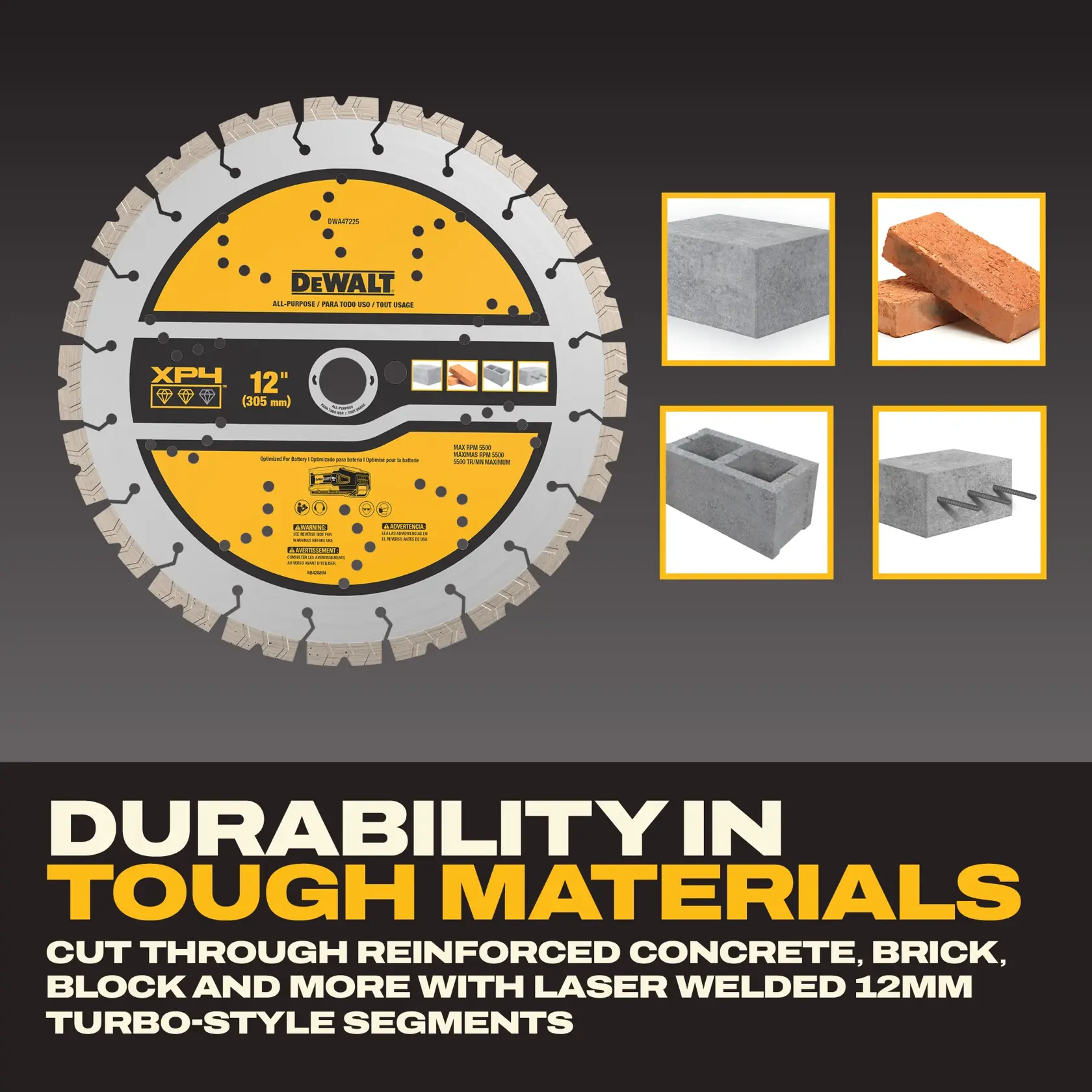 DEWALT 12-inch saw blade for cutting tough materials like concrete, brick, and block with laser-welded segments.