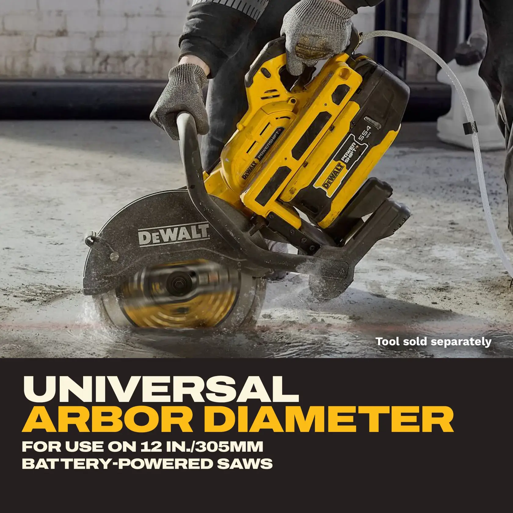 DEWALT saw cutting concrete, promotes universal arbor diameter for 12 inch battery-powered saws.