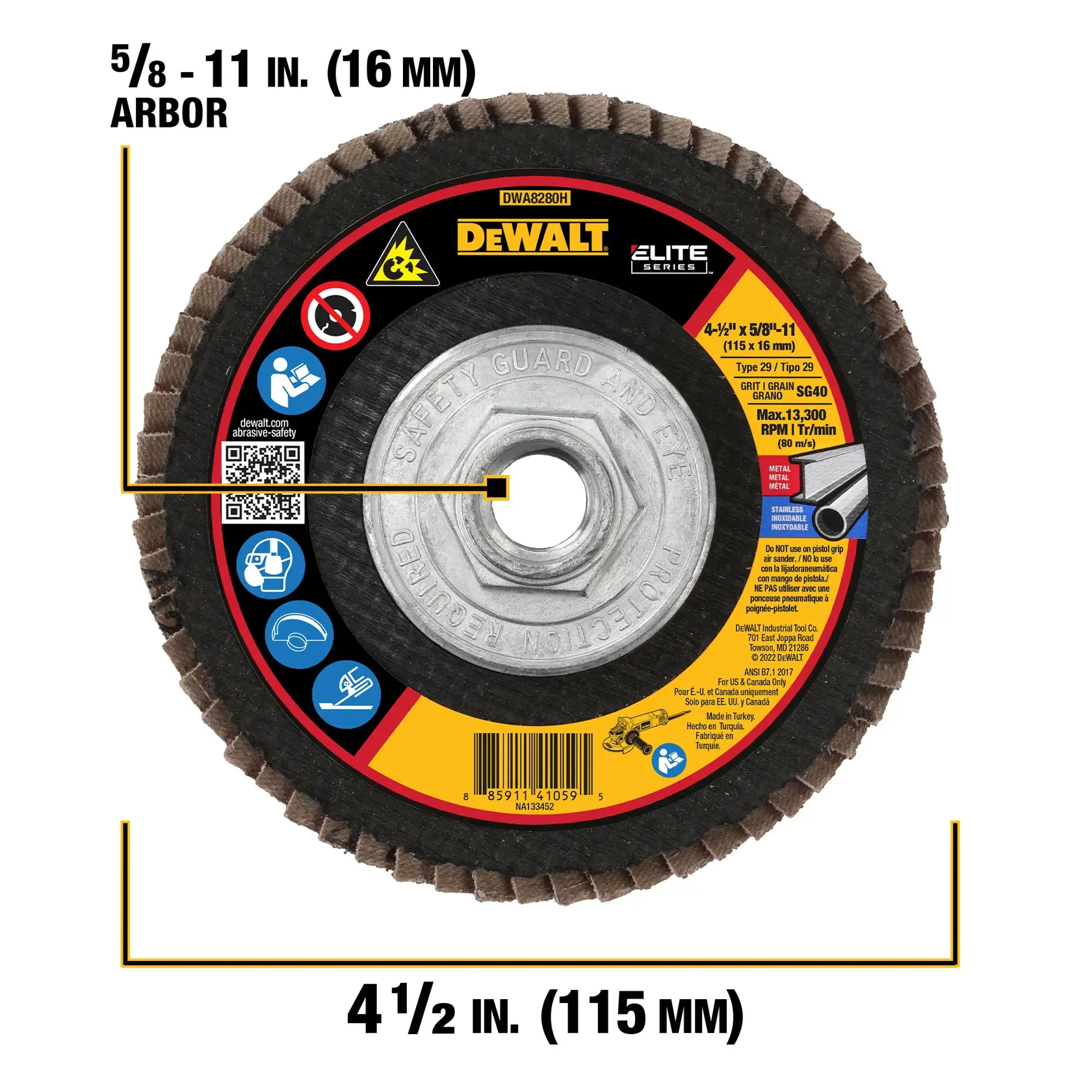 A DEWALT Elite Series flap disc, model DWA8280H, shown with measurements highlighting a 5/8-11 inch (16 mm) arbor and a 4 1/2 inch (115 mm) diameter. The disc is designed for metal and stainless steel grinding, with safety and usage symbols, a QR code, and warning labels visible.