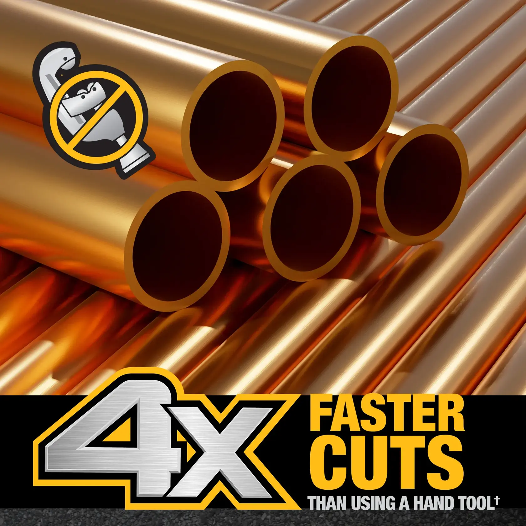 Stack of copper pipes. 4X Faster Cuts than using a hand tool