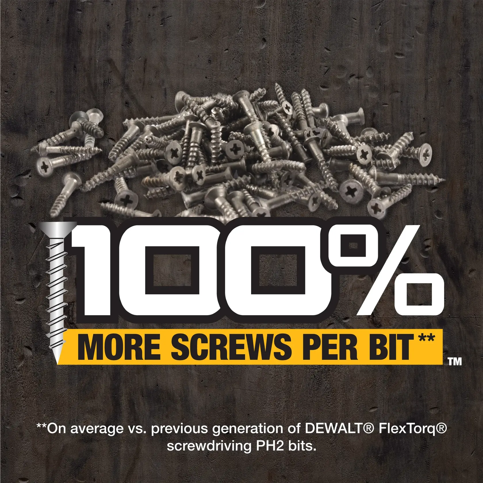 100% More Screws per Bit(TM) On average vs. previous generation of DEWALT(R) FlexTorq(R) screwdriving PH2 bits