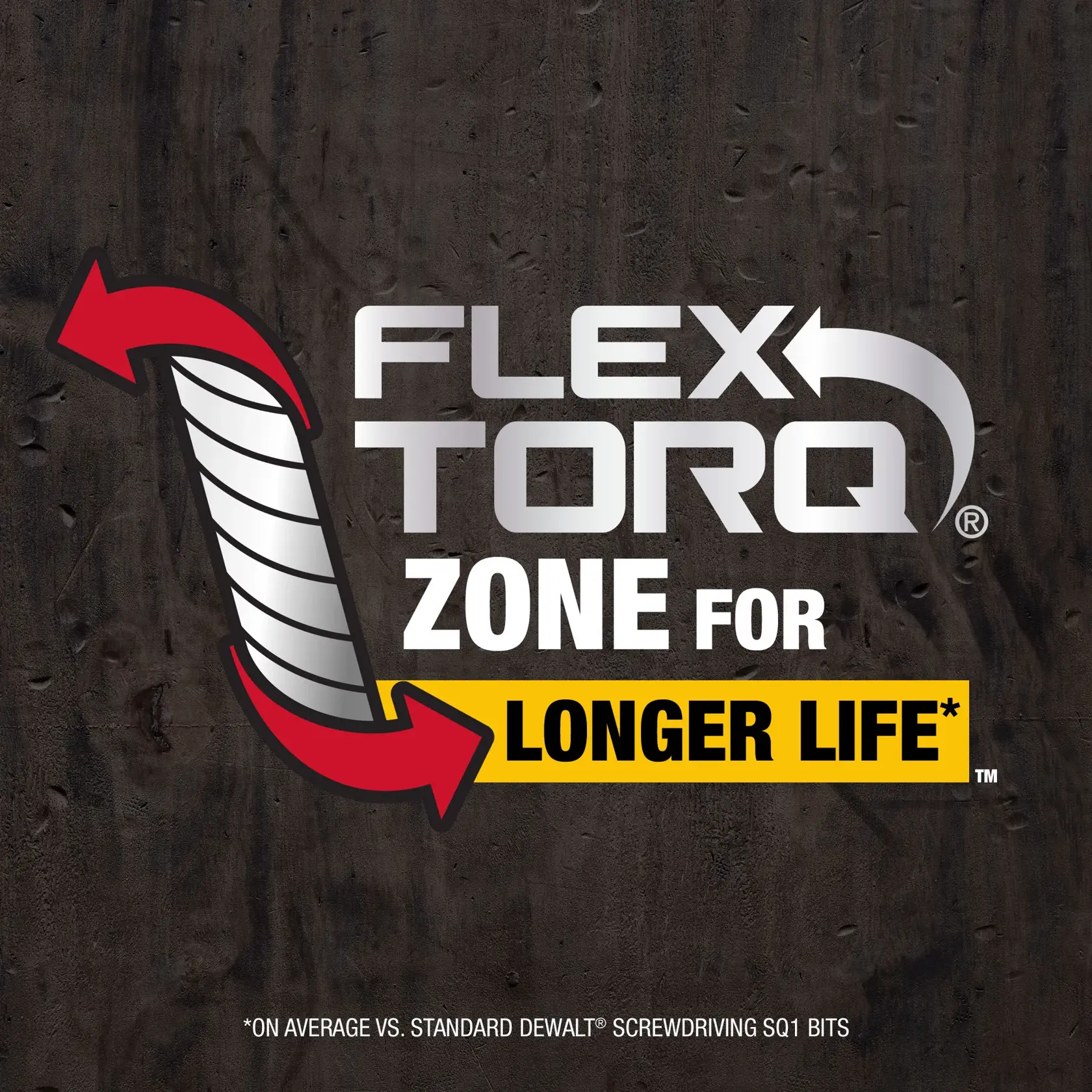 Graphic showing text 'FLEX TORQ zone for longer life' with a red arrow wrapping around a twisted shape, suggesting durability. The background is dark textured. Small text at the bottom reads '*On average vs. standard DEWALT screwdriving SQ1 bits'.
