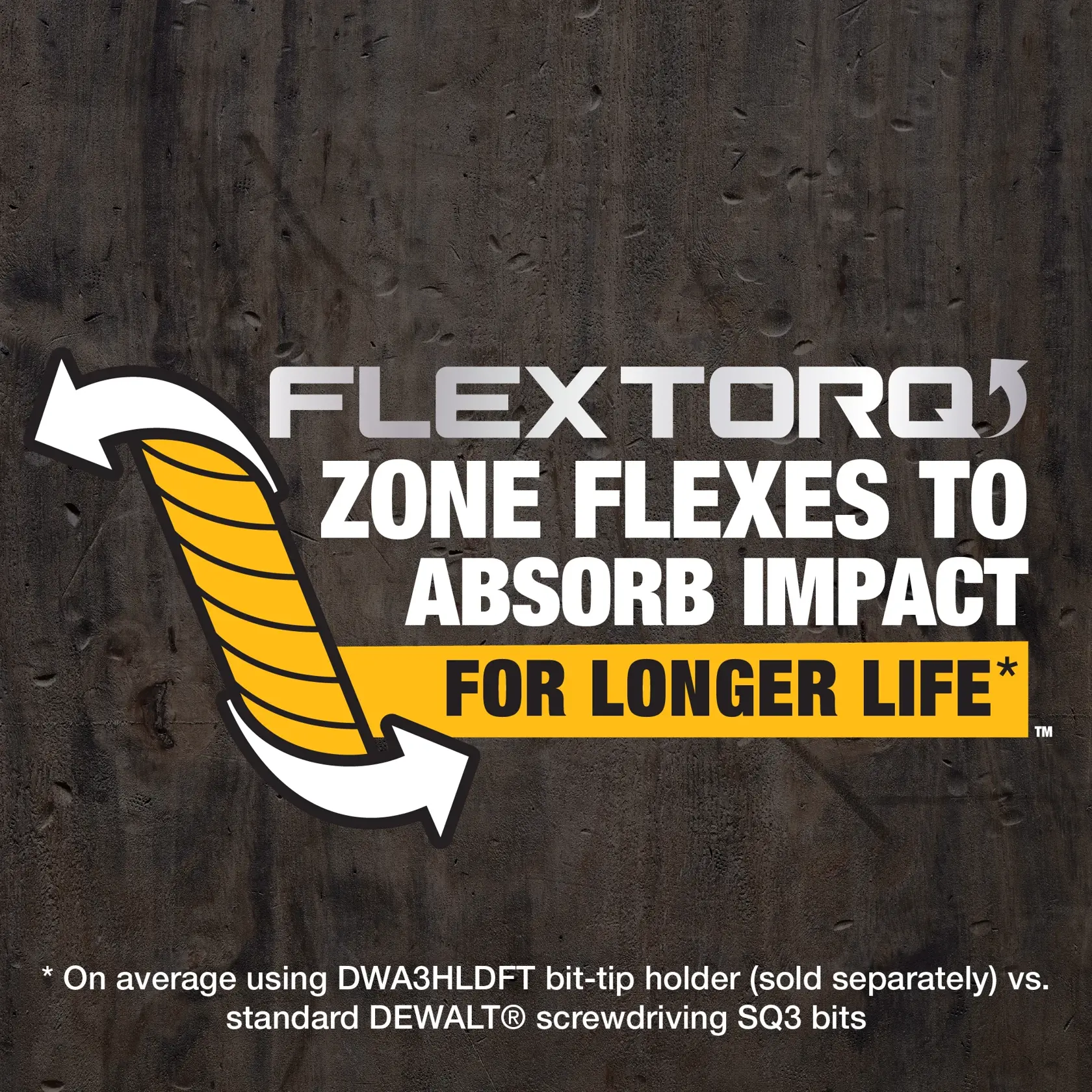 FlexTorq Zone Flexes to Absorb Impact for Longer Life(TM) On average using DWA3HLDFT bit-tip holder (sold seperately) vs. standard DEWALT(R) screwdriving SQ3 bits
