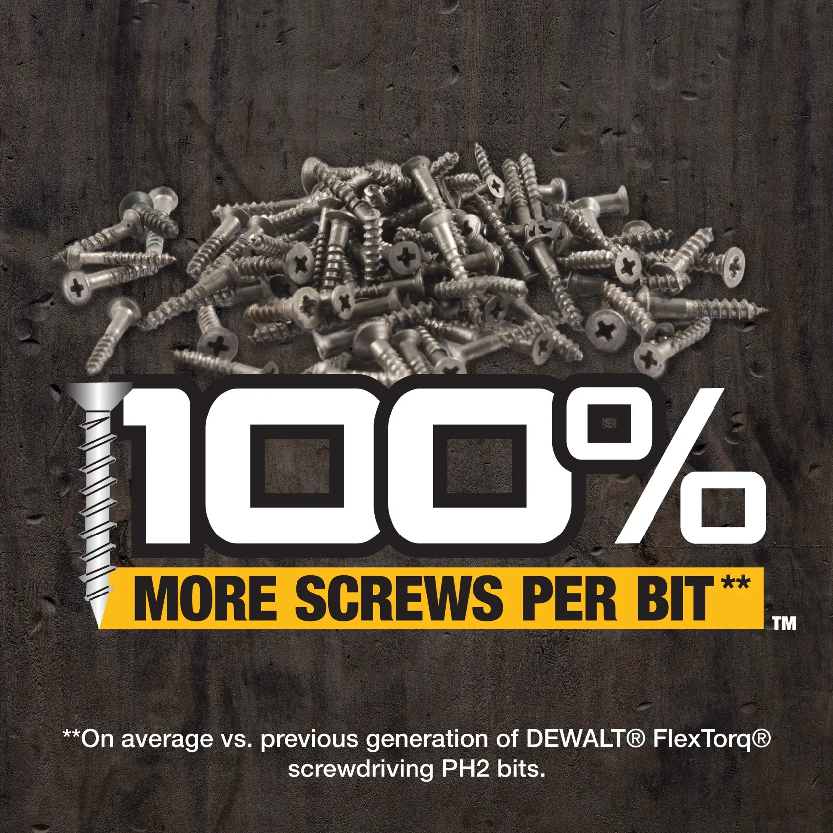 100% More Screws per Bit*(TM) *On average vs. previous generation of DEWALT(R) FlexTorq(R) screwdriving PH2 bits