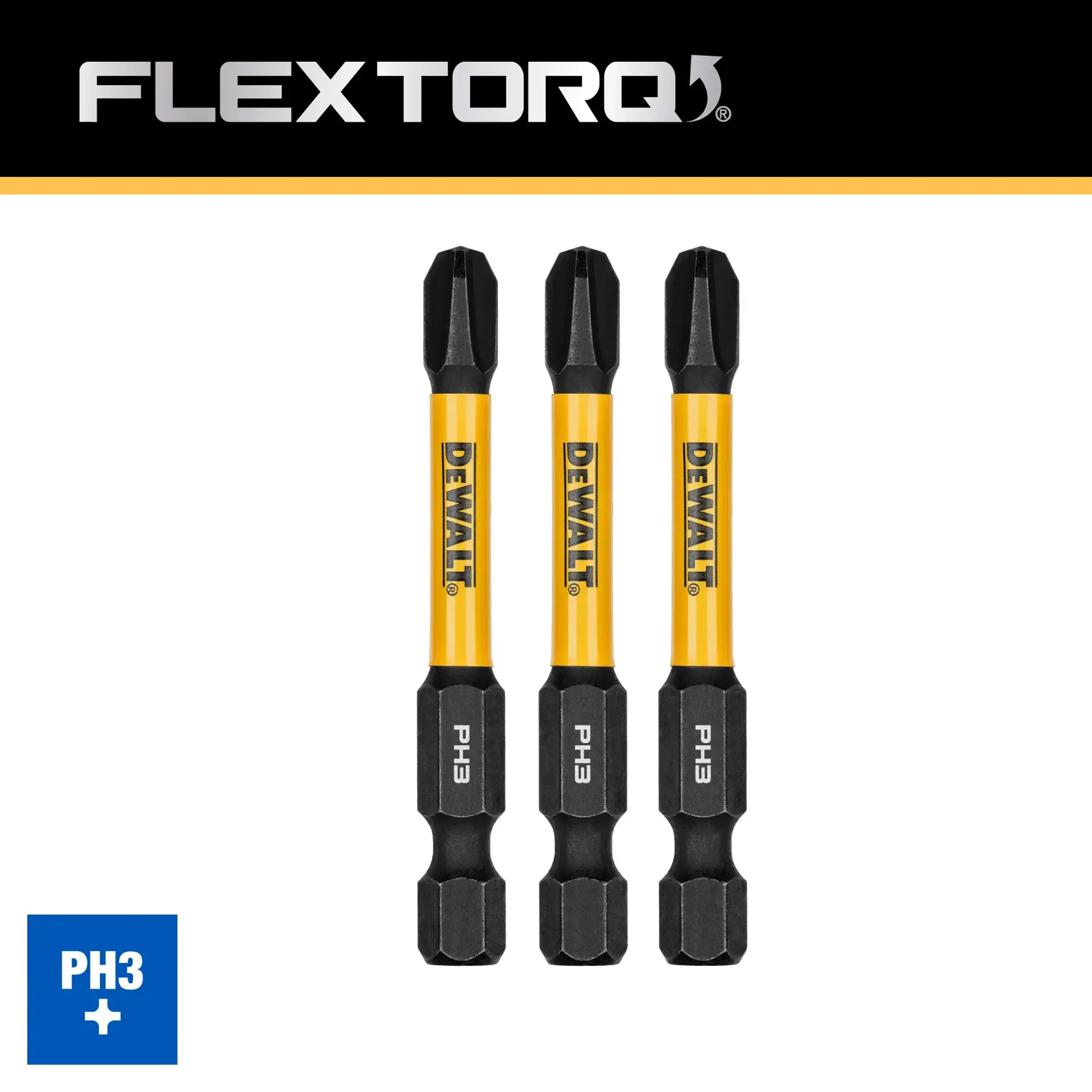 Three DEWALT FLEXTORQ PH3 screwdriver bits with yellow and black design, shown vertically on a white background with product branding.