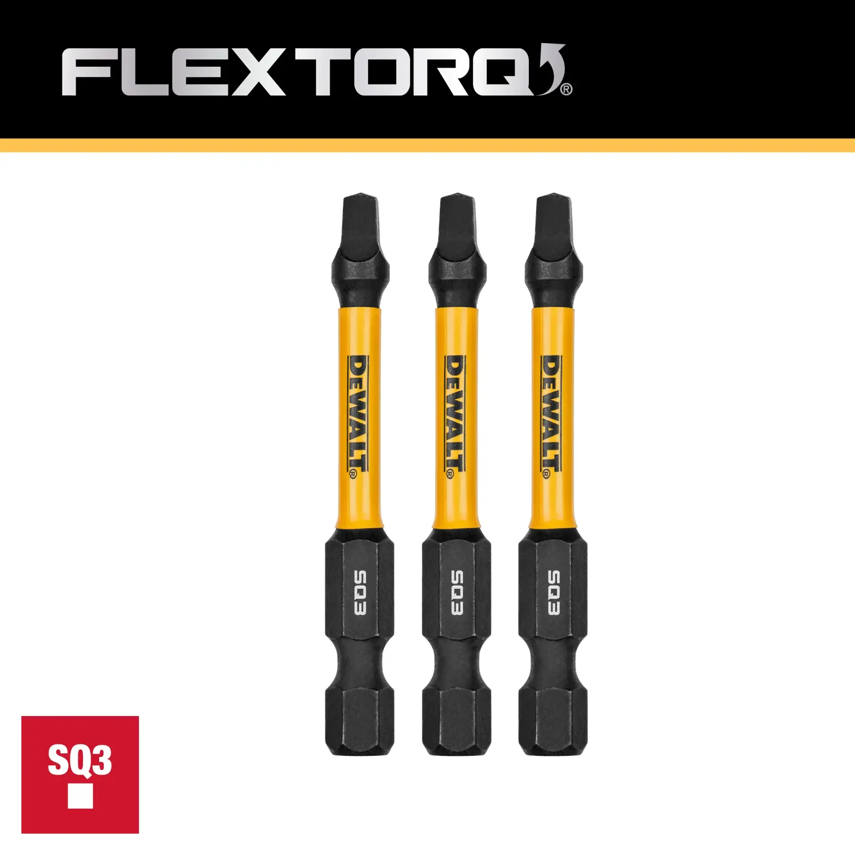 Image of a DEWALT FlexTorq set containing three SQ3 impact-ready screwdriver bits with yellow and black color design. The package is labeled SQ3 in a red square.