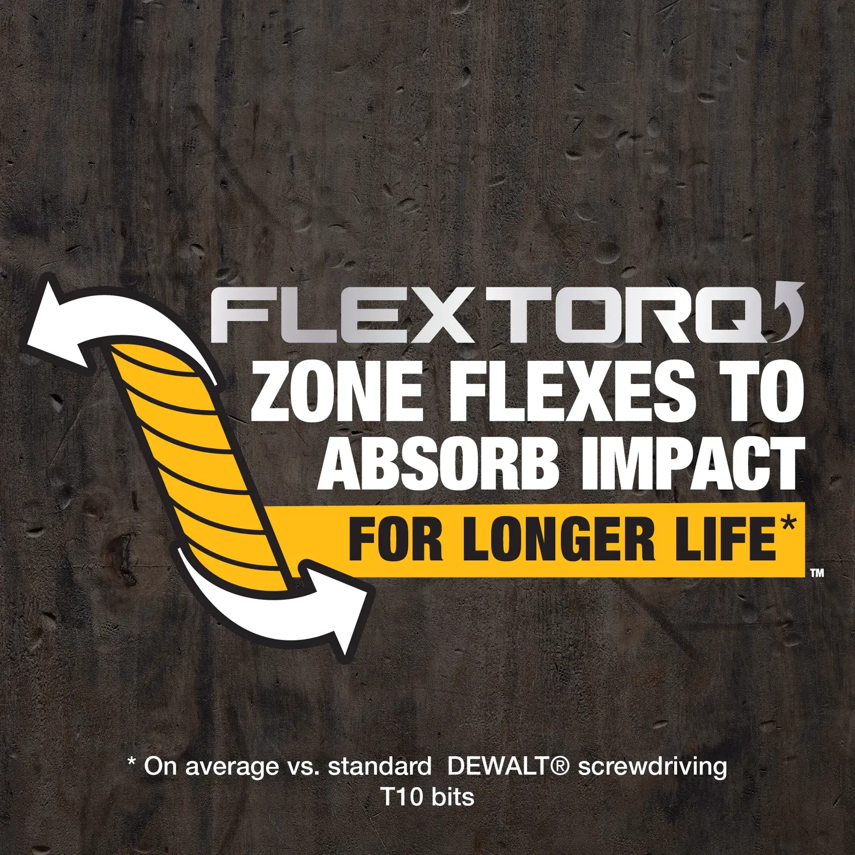 FlexTorq Zone Flexes to Absorb Impact for Longer Life (TM) On average vs. standard DEWALT(R) screwdriving T10 bits
