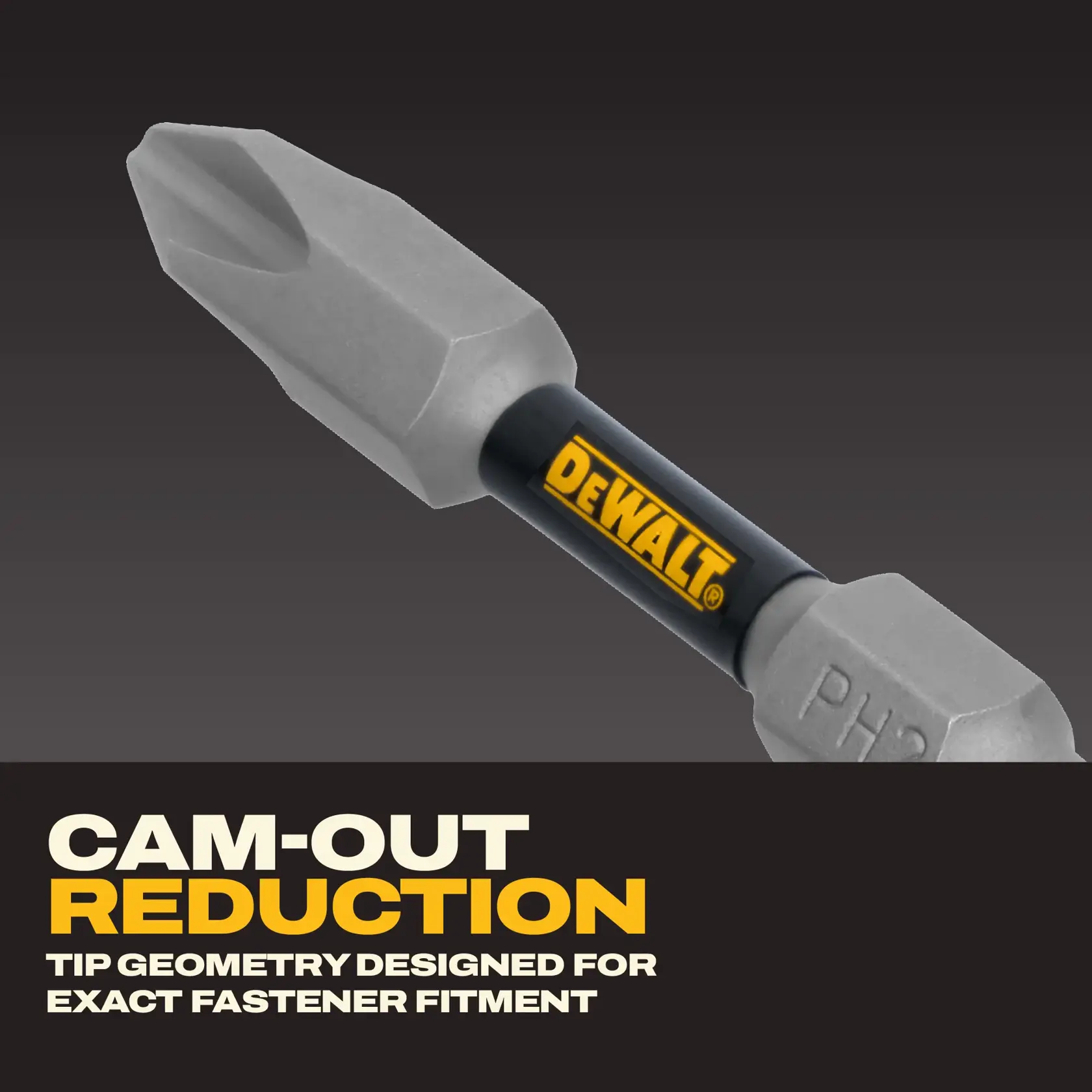 A close-up image of a DEWALT screwdriver bit with the DEWALT logo and text highlighting 'Cam-Out Reduction' and 'Tip geometry designed for exact fastener fitment' on a black background.