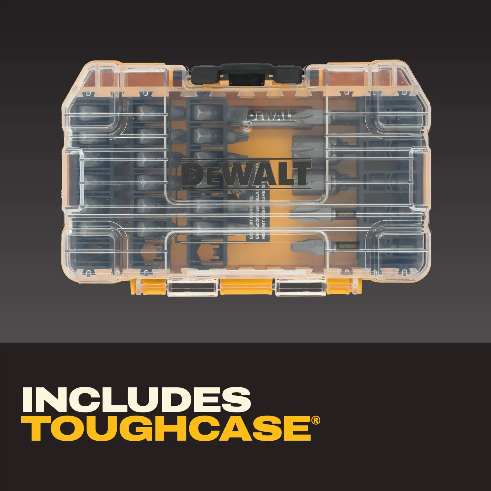 A clear plastic DEWALT ToughCase containing various screwdriver bits, displayed against a dark background. Below the case, text reads 'INCLUDES TOUGHCASE' in bold yellow and white letters.