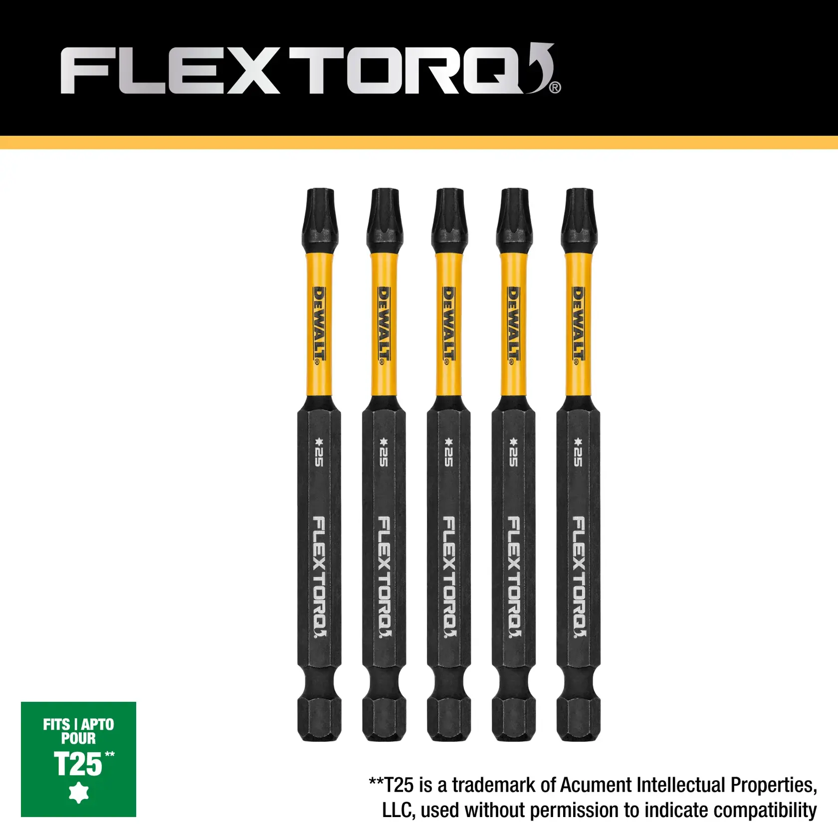 DEWALT(R) FLEXTORQ(R) Bit DWAF3TX25IR; Bit geometry T25 T25 is a trademark of Acument Intellectual Properties, LLC, used without