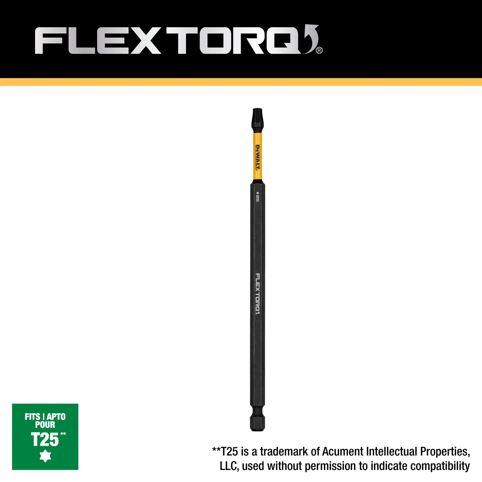 DEWALT FLEXTORQ branded T25 Torx driver bit displayed vertically with a black and yellow design. The packaging indicates 'Fits T25' and includes a note that T25 is a trademark of Acument Intellectual Properties, LLC. The FLEXTORQ logo is shown at the top.