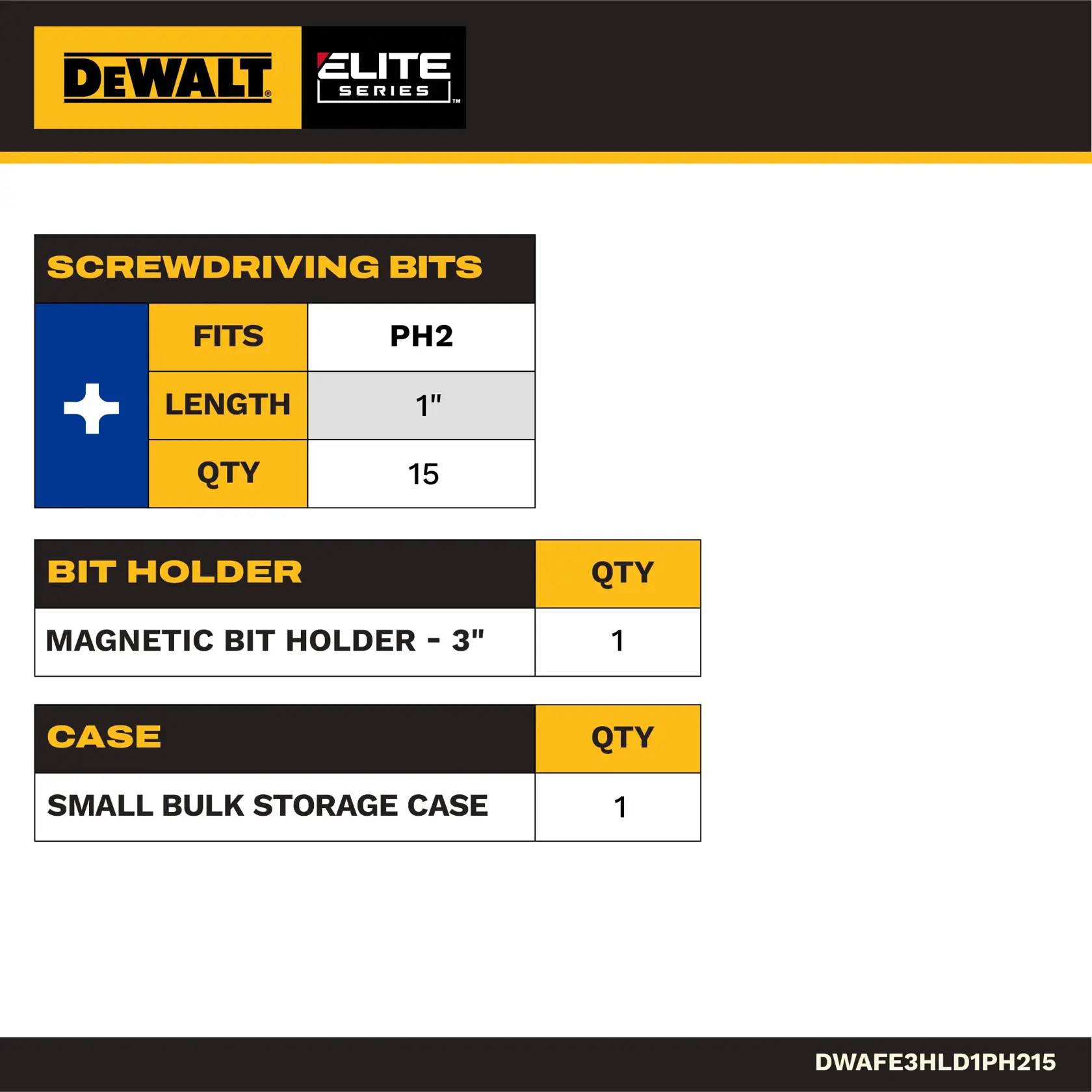 Image showing DEWALT Elite Series product contents. Includes 15 PH2 screwdriving bits, each 1 inch long, 1 magnetic bit holder (3 inches), and 1 small bulk storage case. SKU: DWAFE3HLD1PH215.