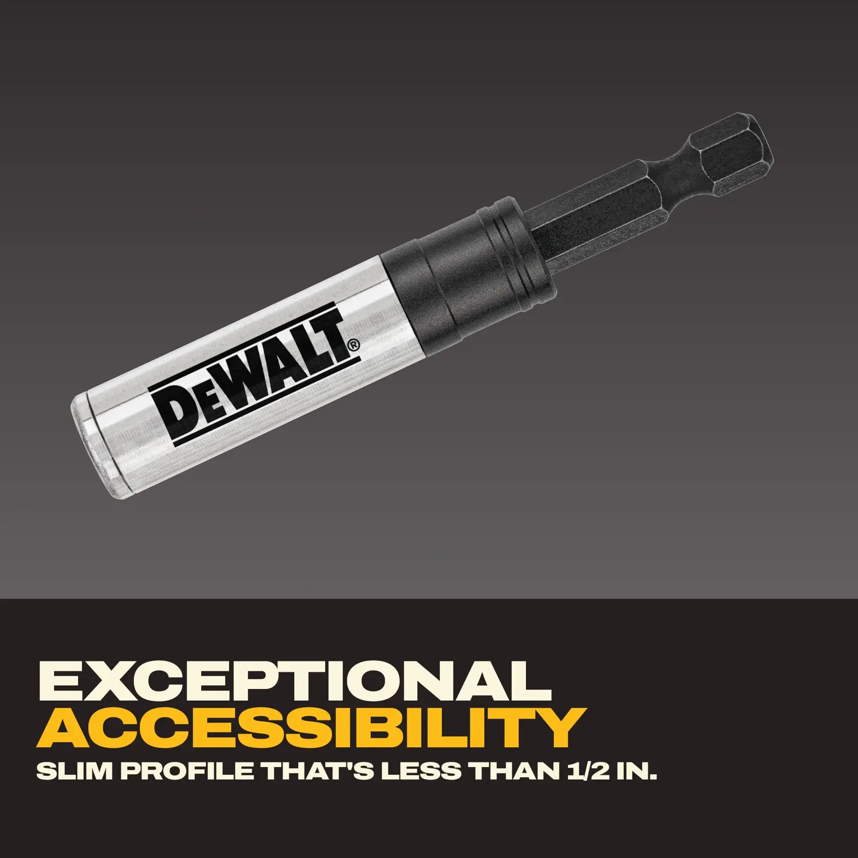 A DEWALT branded drill bit holder with a slim profile less than half an inch, designed for exceptional accessibility.