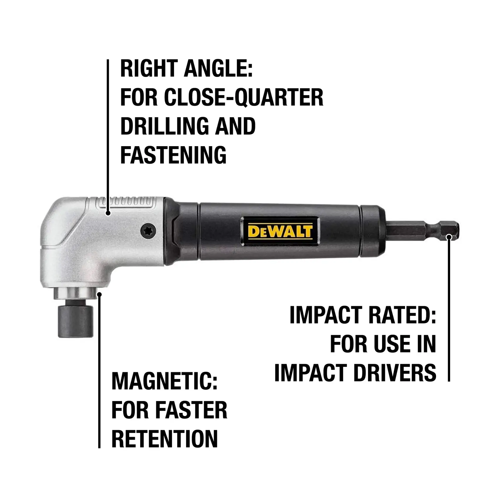 DEWALT right angle impact driver attachment with a magnetic tip for faster retention; labeled features include right angle for close-quarter drilling and fastening, impact rated for use in impact drivers, and magnetic for faster retention.
