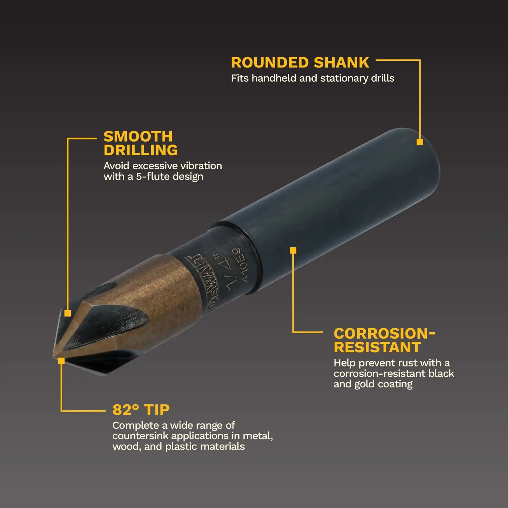 DEWALT countersink drill bit with highlighted features: rounded shank for use with handheld and stationary drills, smooth drilling with a 5-flute design to avoid excessive vibration, corrosion-resistant black and gold coating, and an 82-degree tip suitable for countersink applications in metal, wood, and plastic materials.