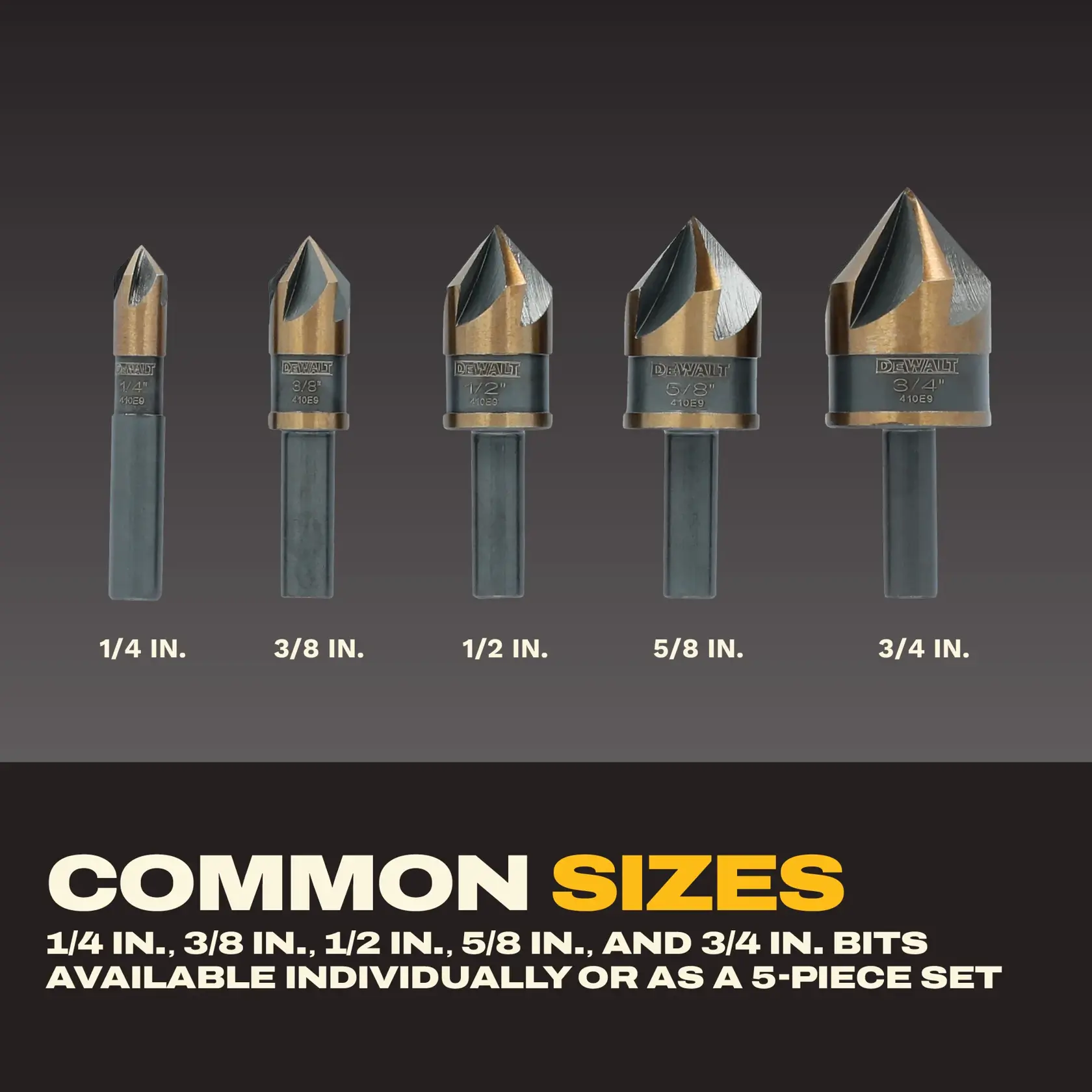 Image showing five DEWALT countersink drill bits in common sizes: 1/4 inch, 3/8 inch, 1/2 inch, 5/8 inch, and 3/4 inch. Text indicates bits are available individually or as a 5-piece set.