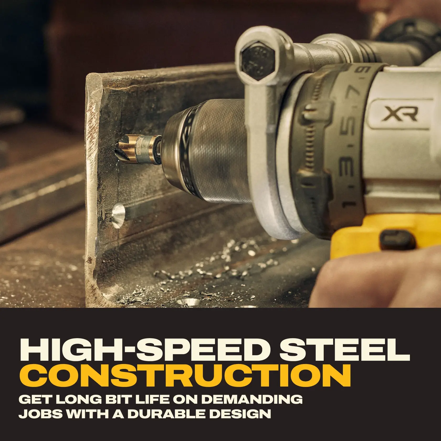 A close-up of a DEWALT power drill in use, drilling through a piece of metal. Metal shavings are visible around the drilled holes. Text on the image reads: 'High-speed steel construction. Get long bit life on demanding jobs with a durable design.'