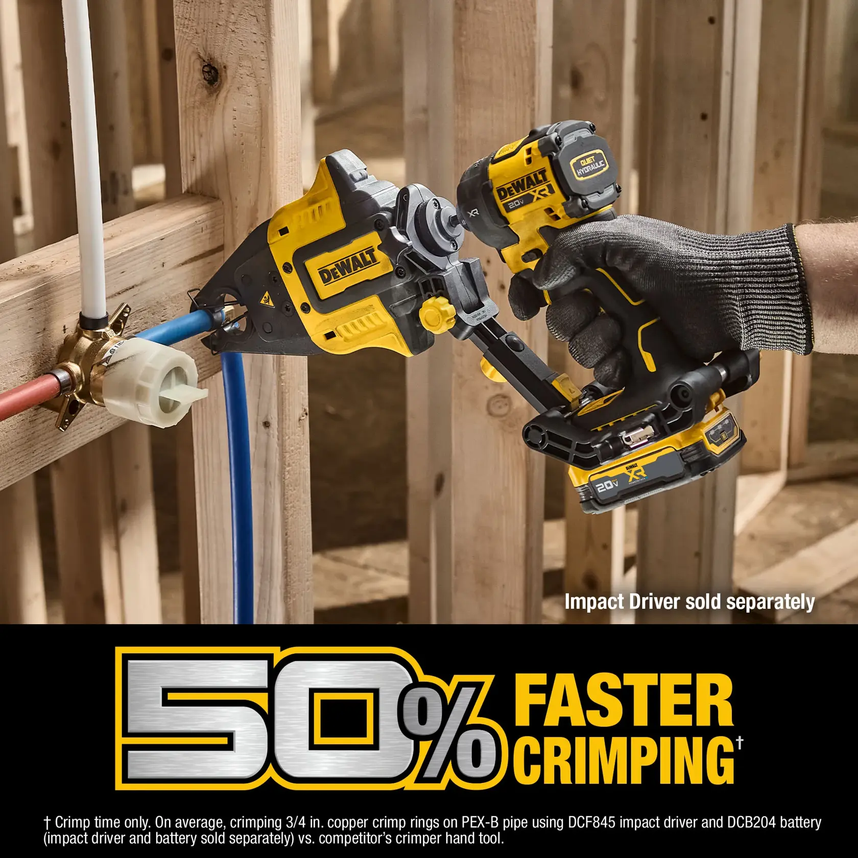 A DEWALT crimping tool is attached to a pipe fitting, being operated with a DEWALT impact driver by a person wearing a black glove, inside a wooden framed construction area. Text on image highlights '50% faster crimping' and notes that the impact driver is sold separately.