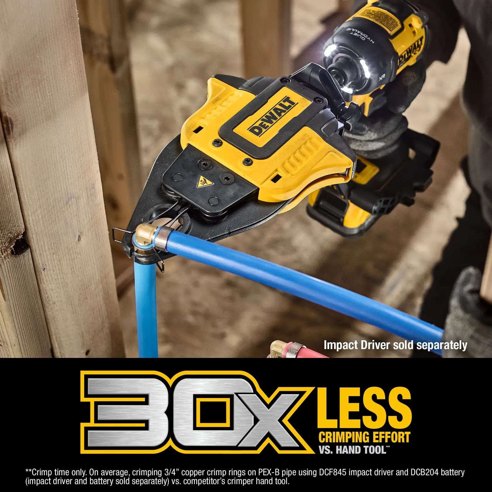 A DEWALT crimping tool being used with an impact driver to connect a copper crimp ring on a blue PEX pipe, with text indicating '30x less crimping effort vs. hand tool' and a note stating 'Impact Driver sold separately.'