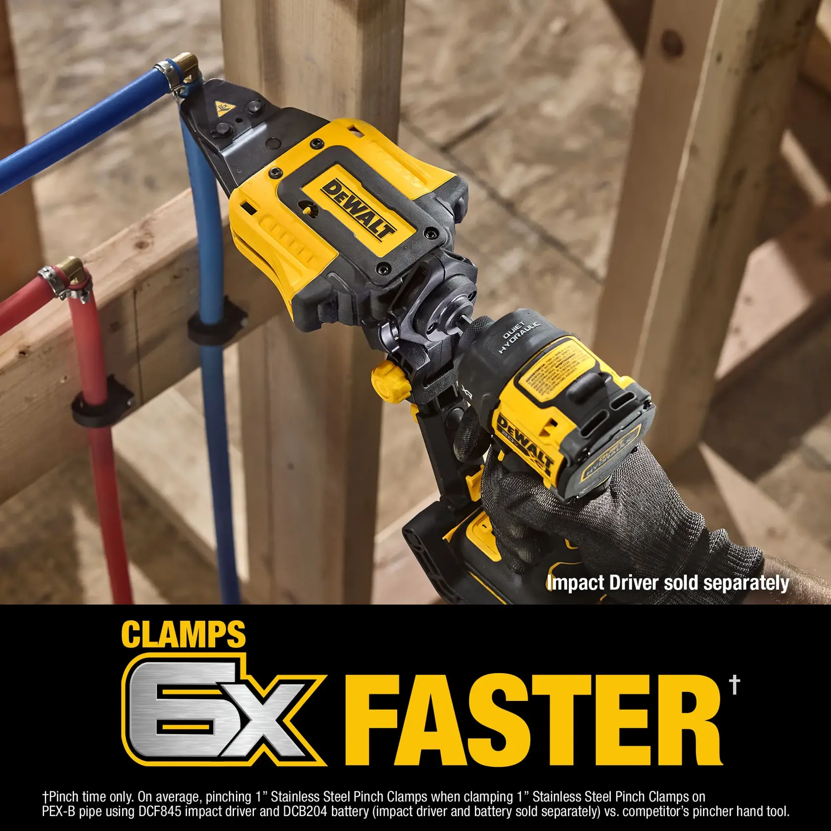 A DEWALT tool is being used to clamp a blue pipe to a wooden structure. The image features a gloved hand operating the bright yellow and black clamp tool. Text at the bottom states 'CLAMPS 6X FASTER' and notes that the impact driver is sold separately.